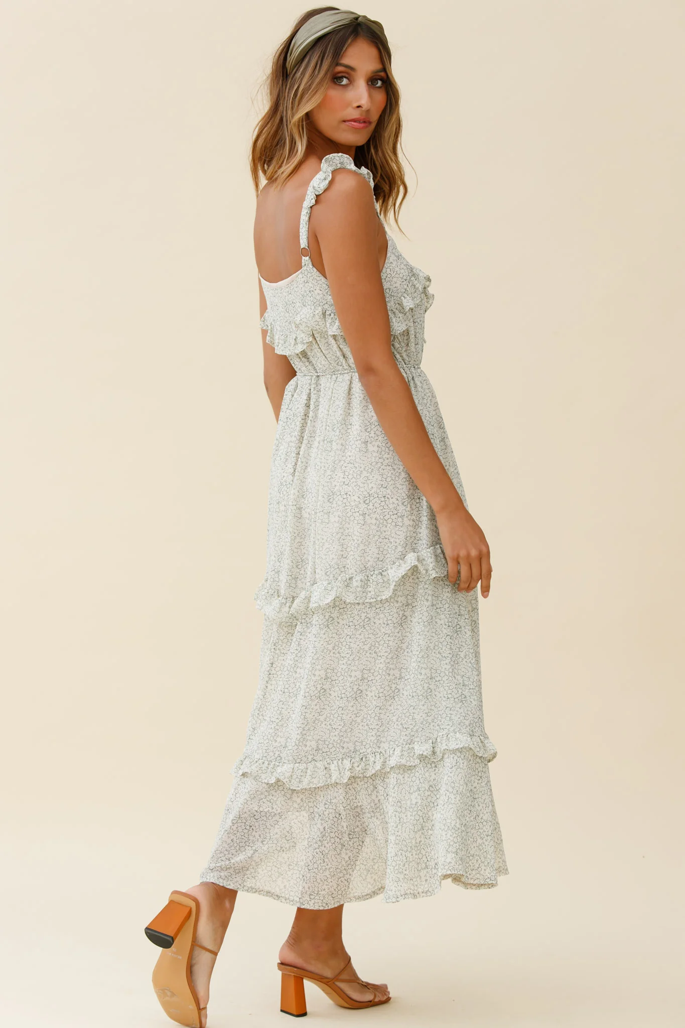 Priscilla Tied Bust Frill Detail Maxi Dress Floral Print Olive
