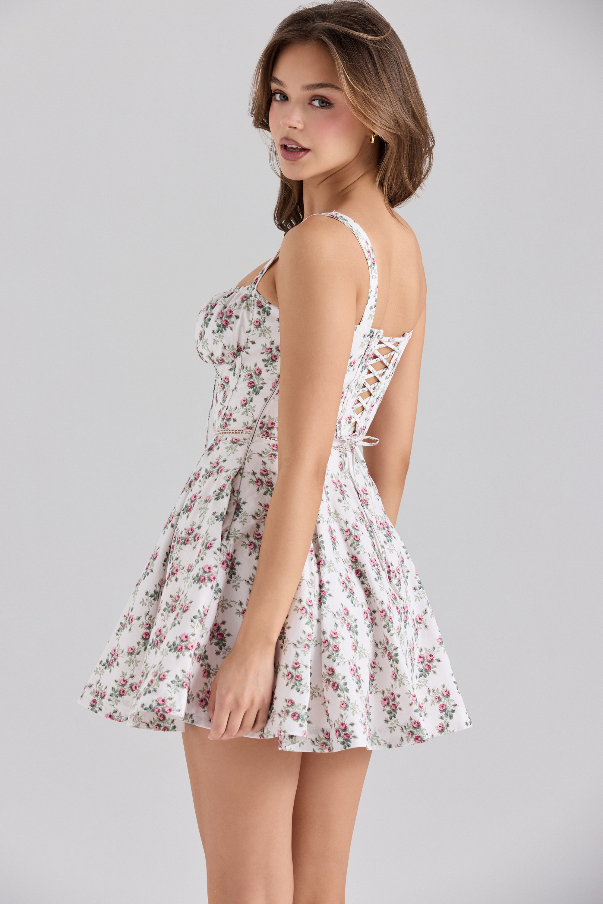 Cream Rose Print Stretch Cotton Mini Dress