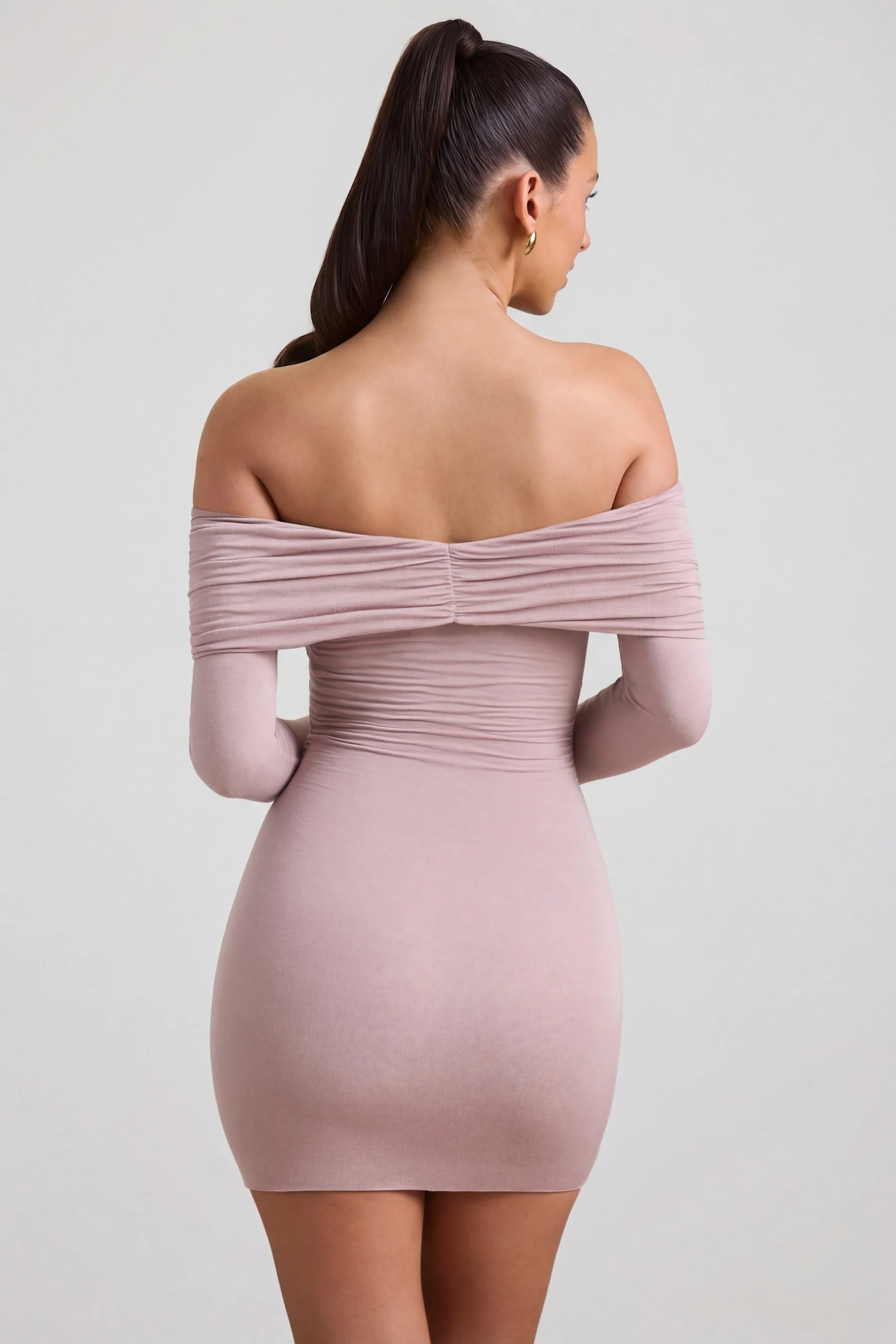 Modal-Cashmere Blend Off-Shoulder Ruched Mini Dress in Taupe