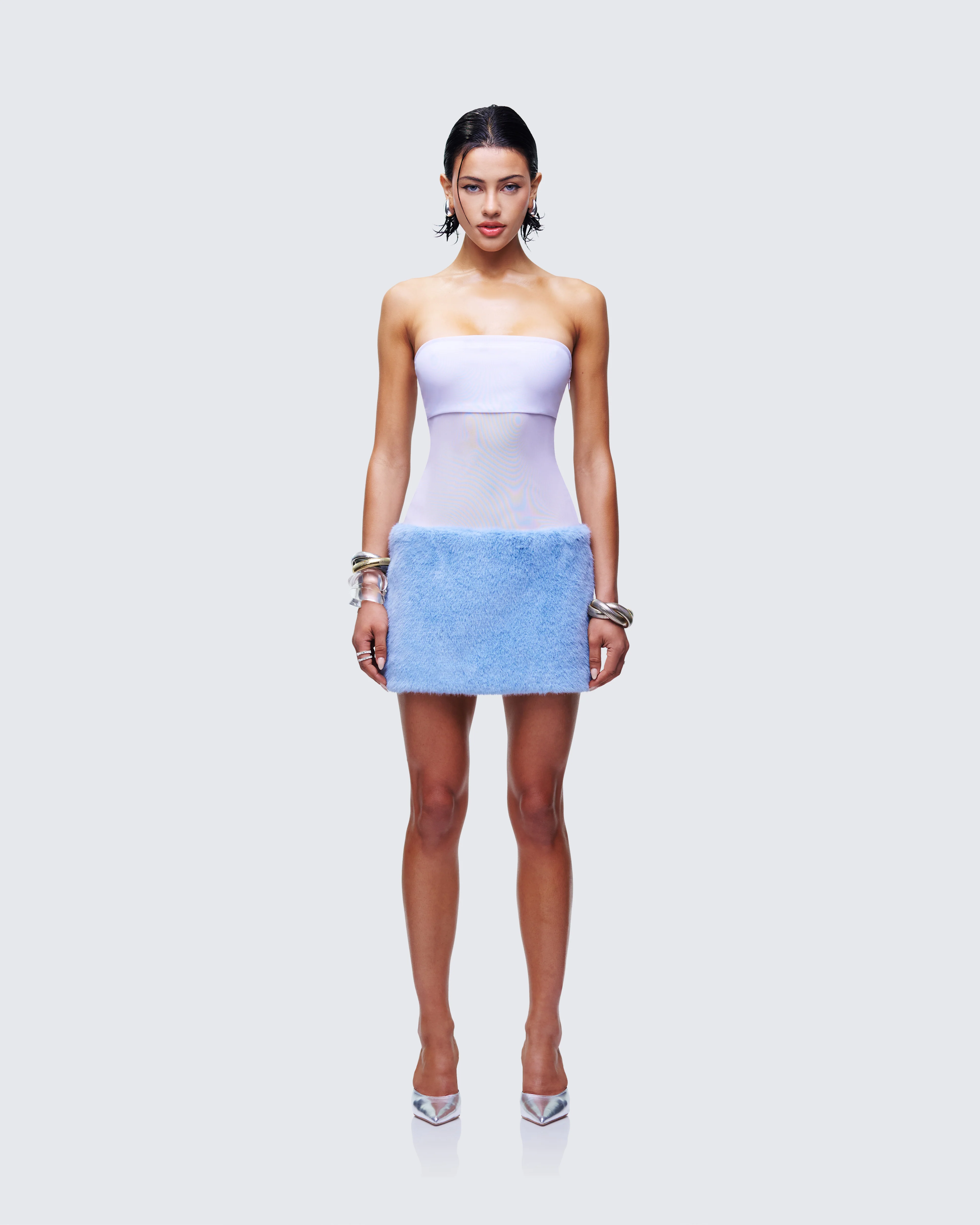 Noelle Blue Faux Fur Mesh Mini Dress