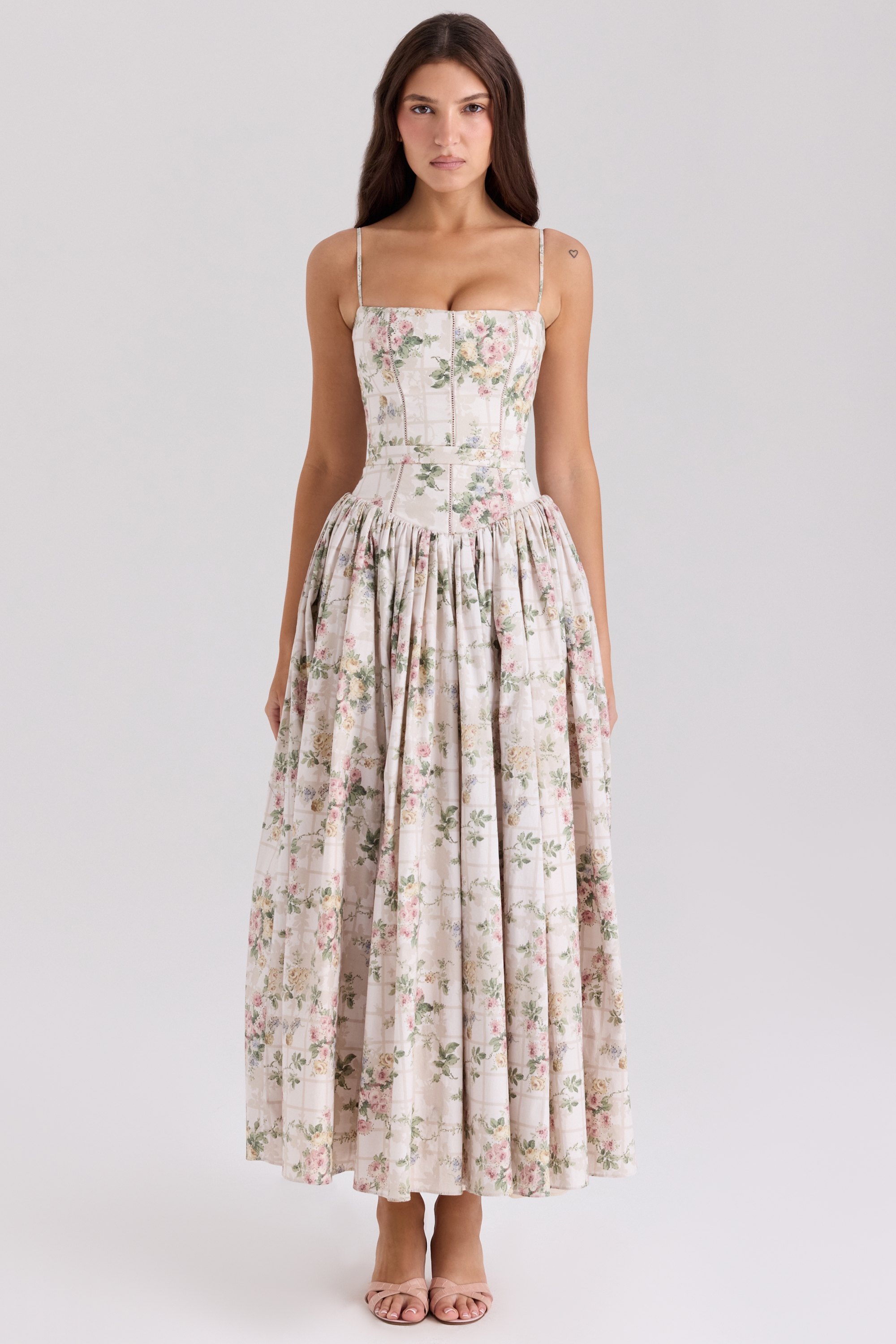 Cream Floral Print Cotton Midi Sundress