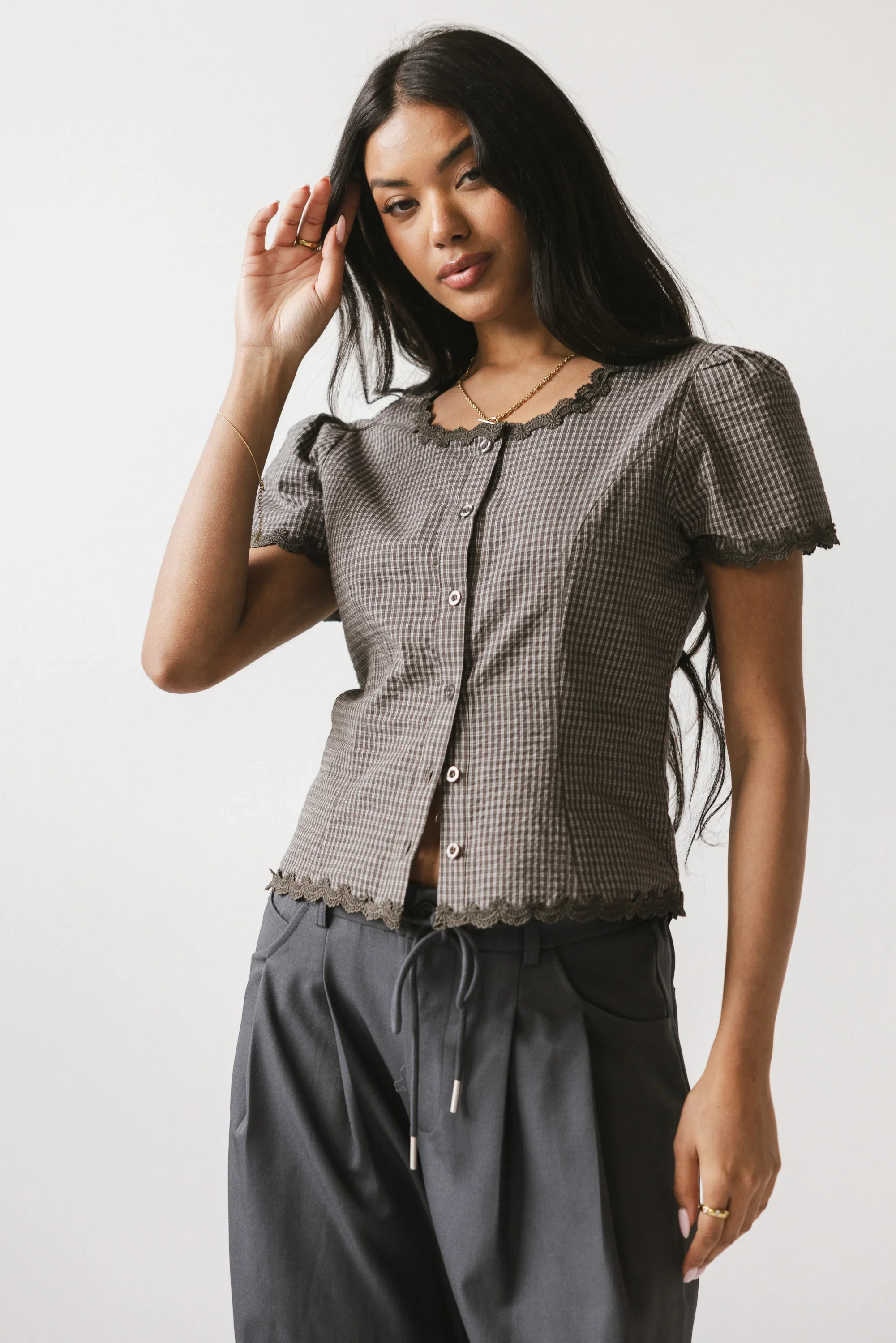Serra Lace Trim Blouse in Charcoal