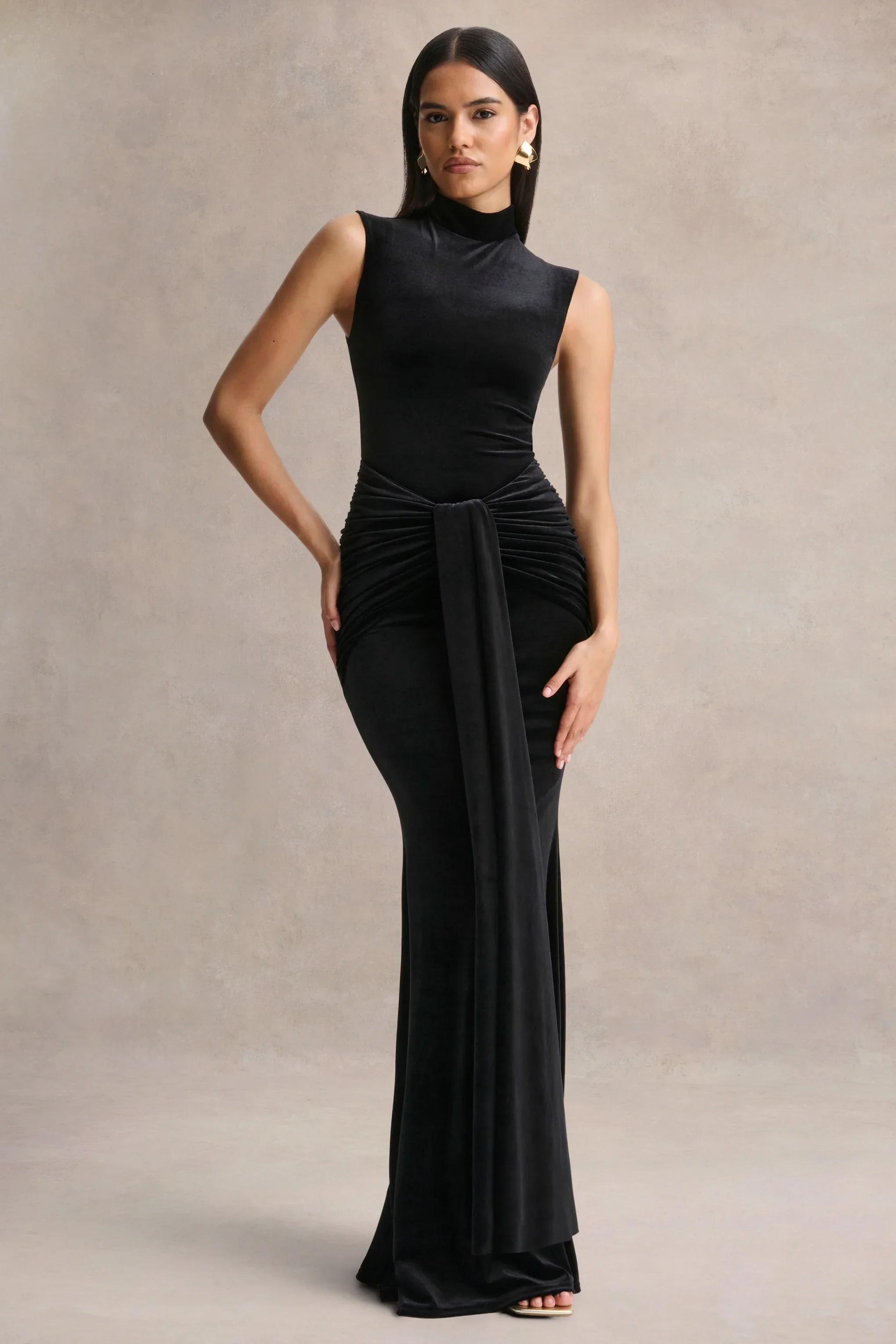 Idalina | Black Velvet High-Neck Maxi Dress With Gathered-Detailing
