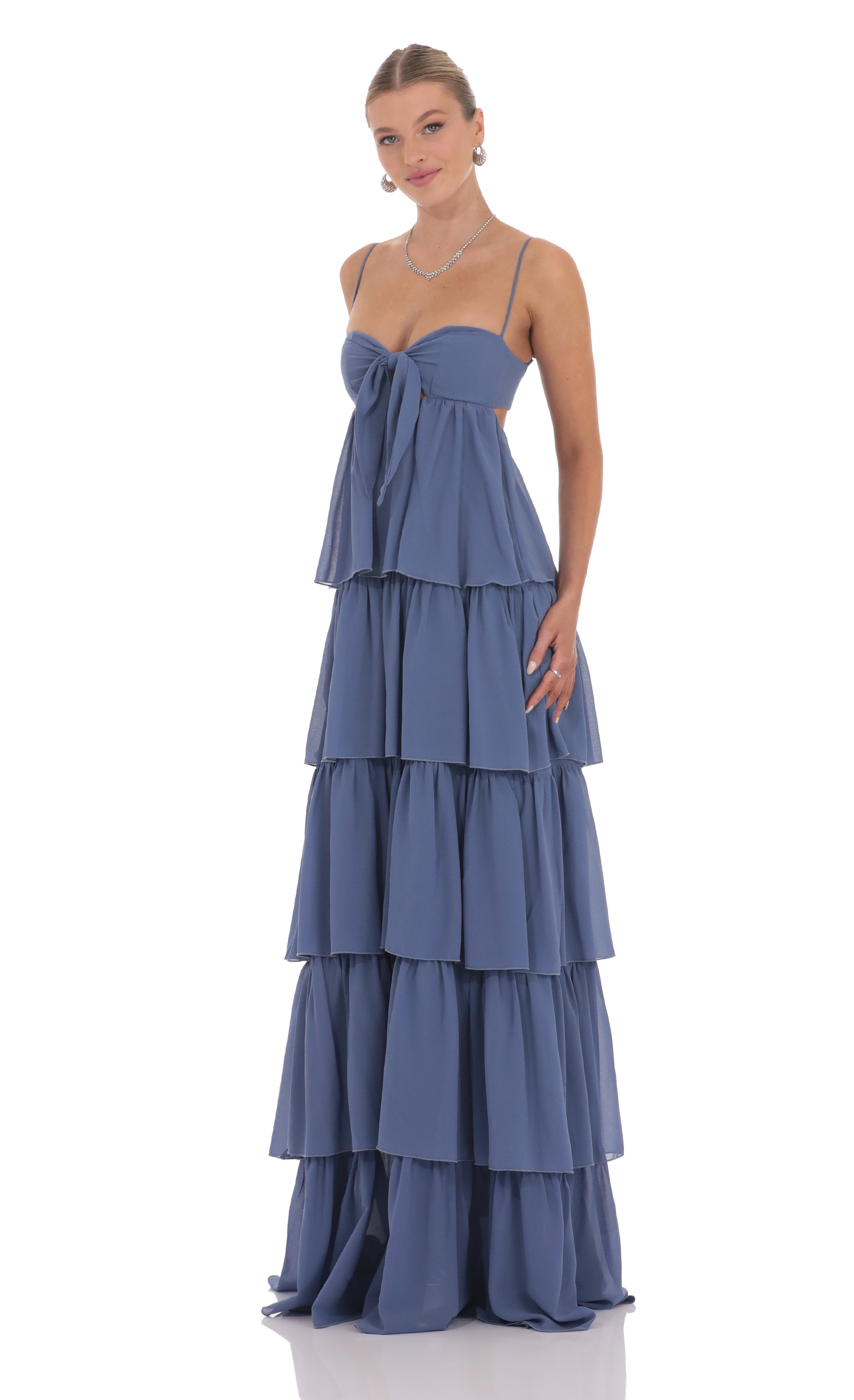 Chiffon Front Tie Ruffle Dress in Denim Blue - luluinthesky