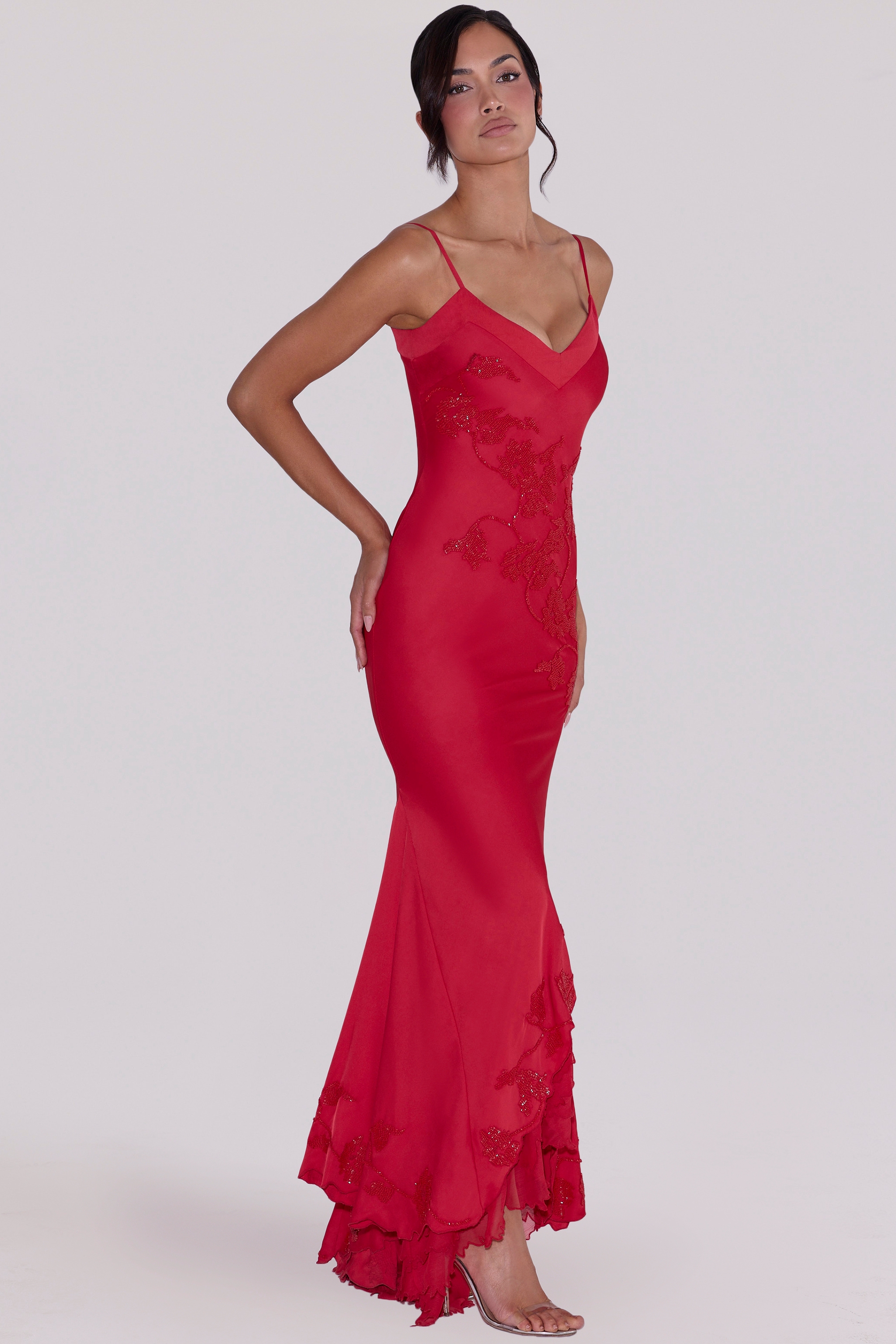 red hand beaded embellished satin maxi dress - limited edition