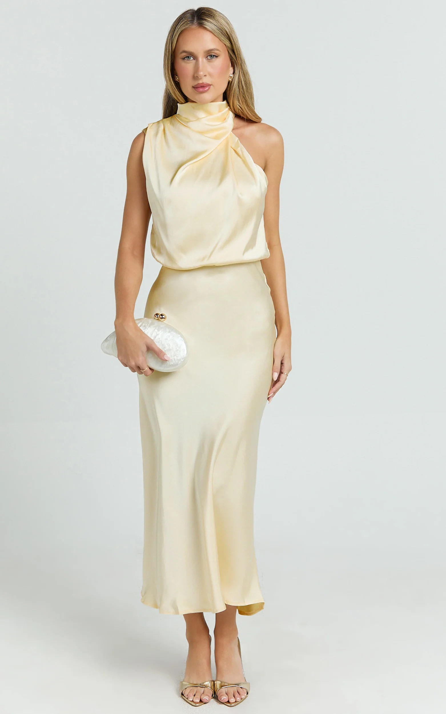 Minnie Midi Dress - Drape Neck Satin Slip Dress in Butter Yellow
