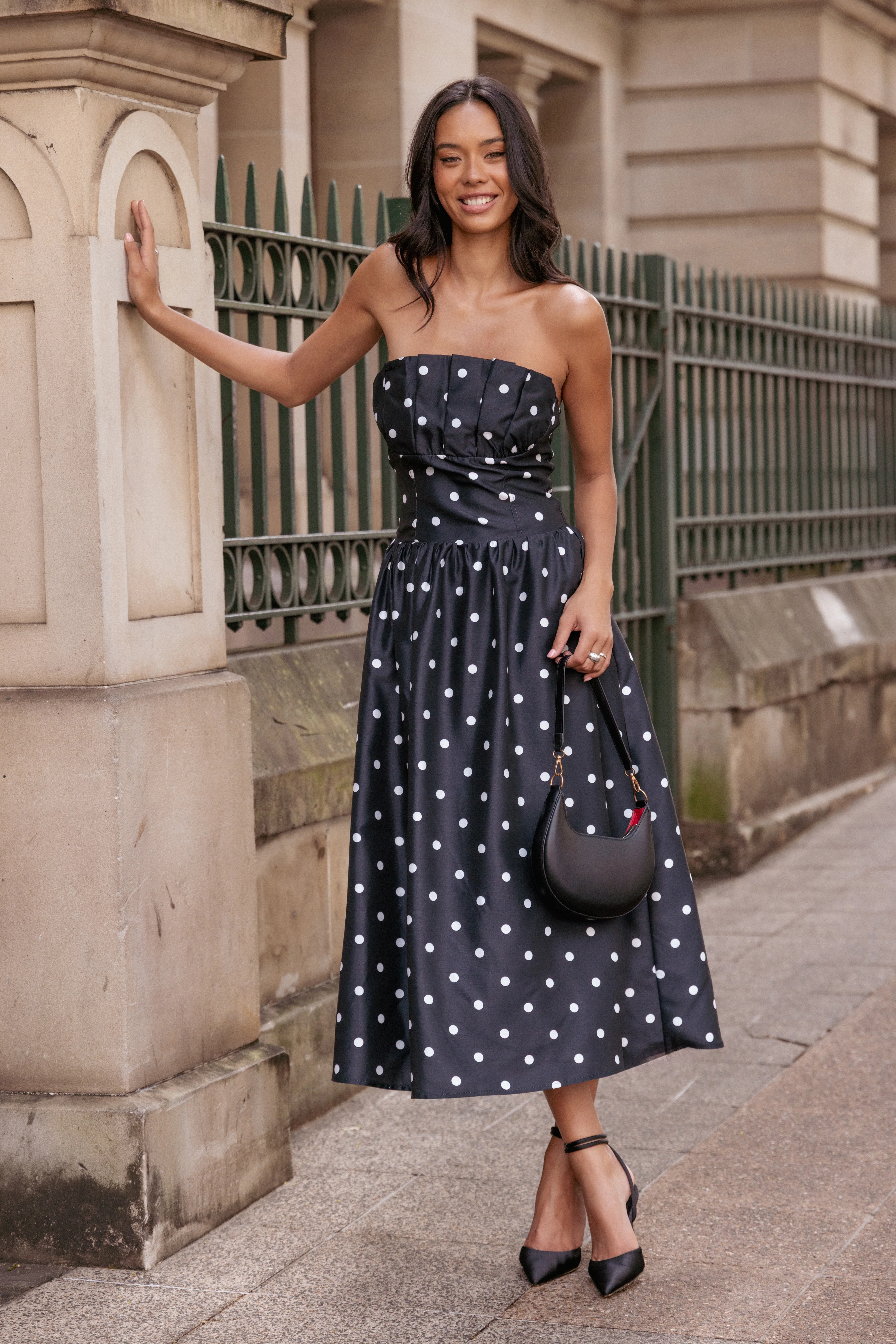 Kimbra Strapless Midi Dress - Black Polka Dot