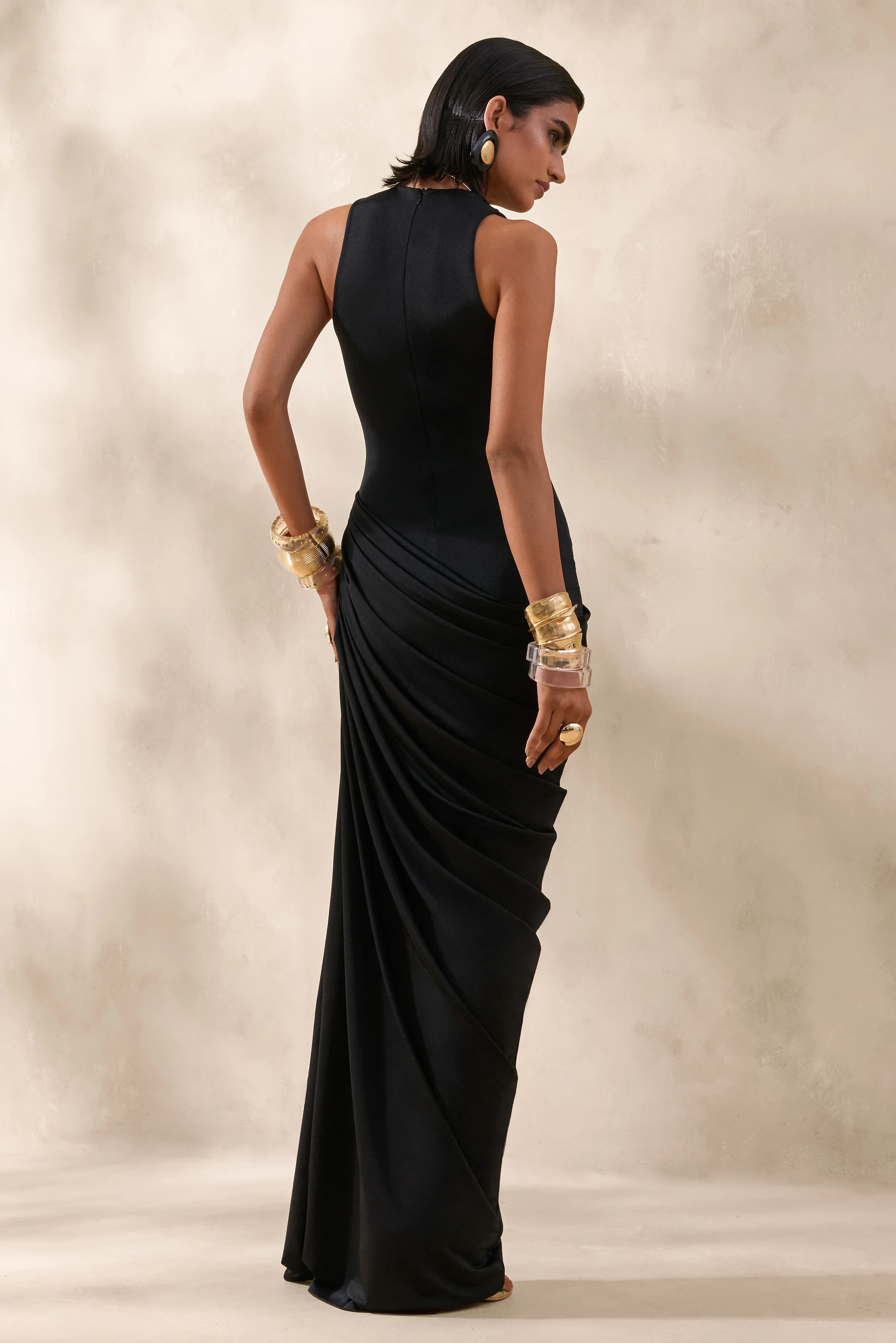 Mademoiselle | Black Cowl-Neck Maxi Dress With Draped Detailing