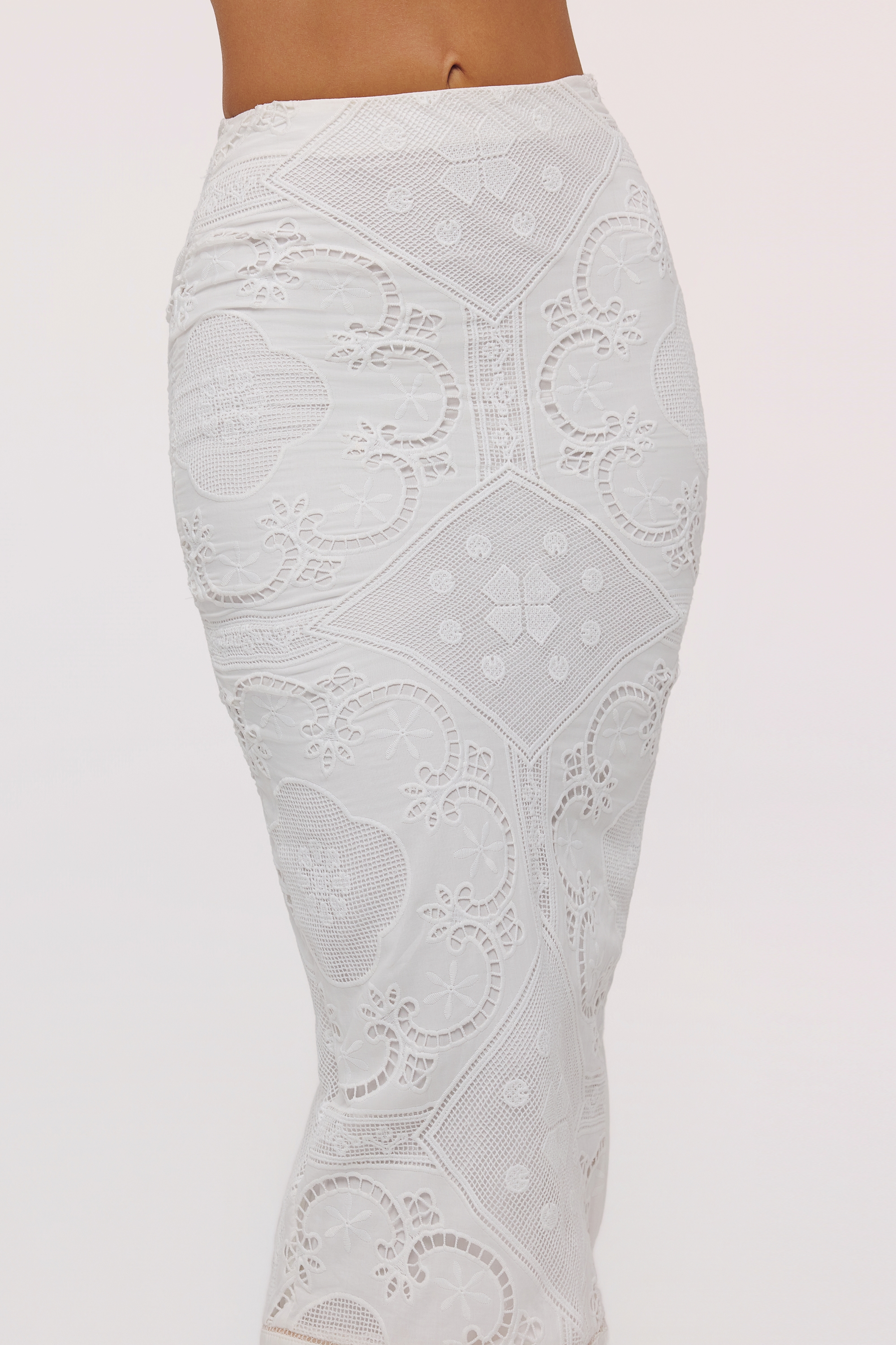 White Cotton Placement Lace Broderie Anglaise Midi Skirt