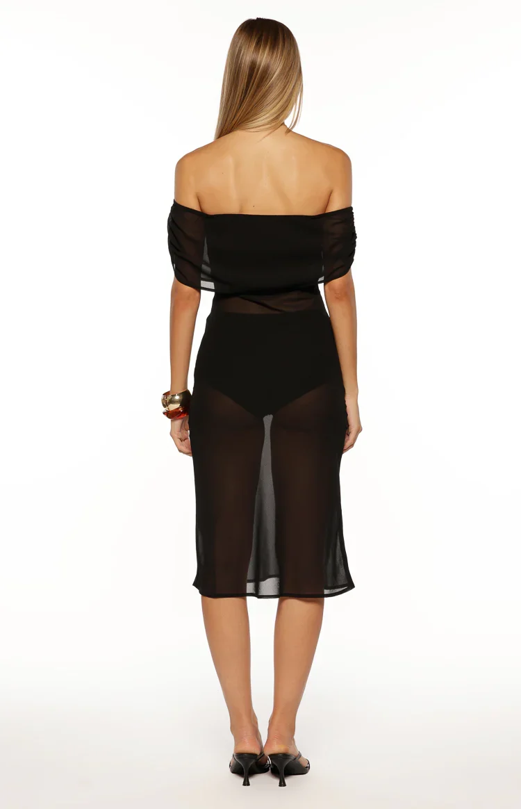 July Black Sheer Off the Shoulder Midi Dress