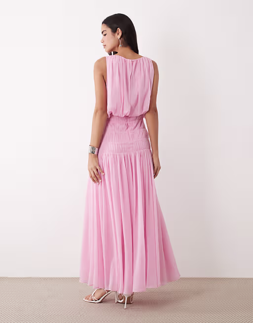 draped gauged ruched waist detailing maxi dress in pink