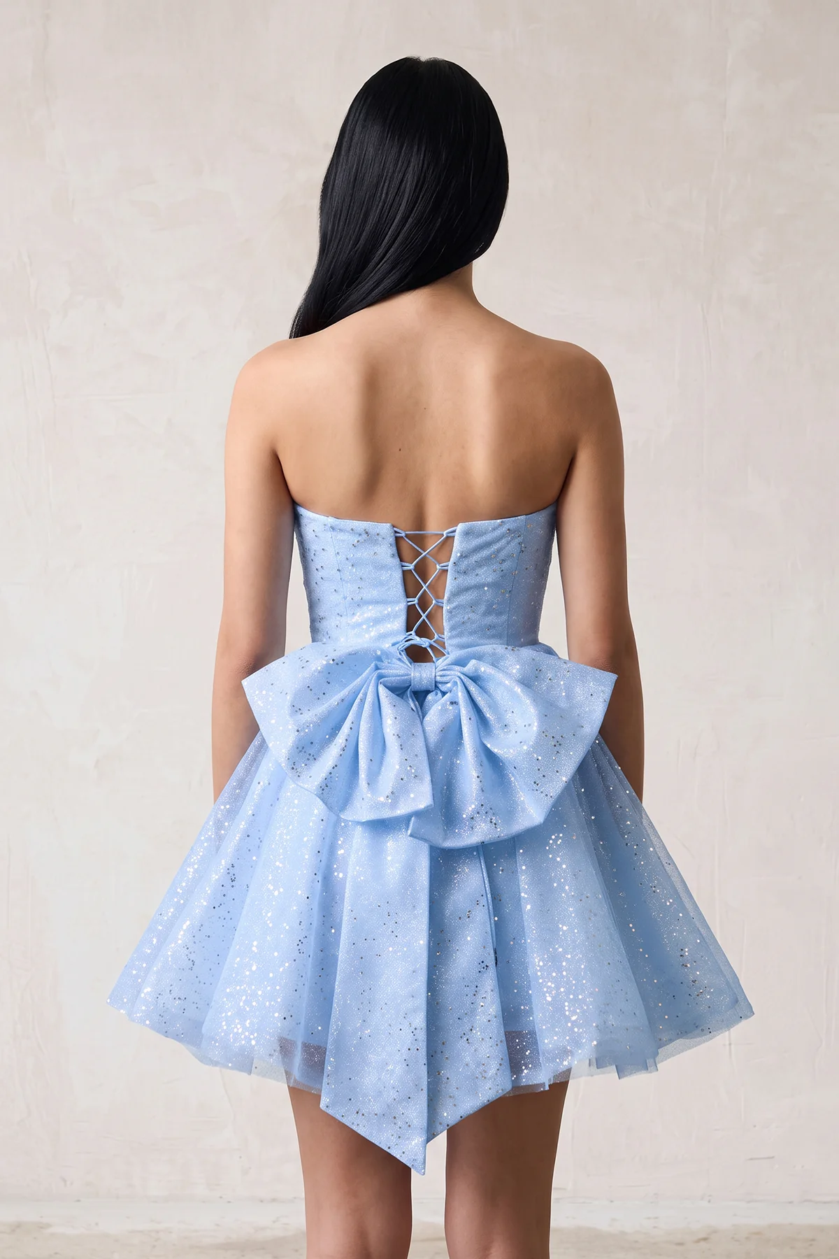 White A Line Strapless Glitter Tulle Ruffled Homecoming Dresses with Bow