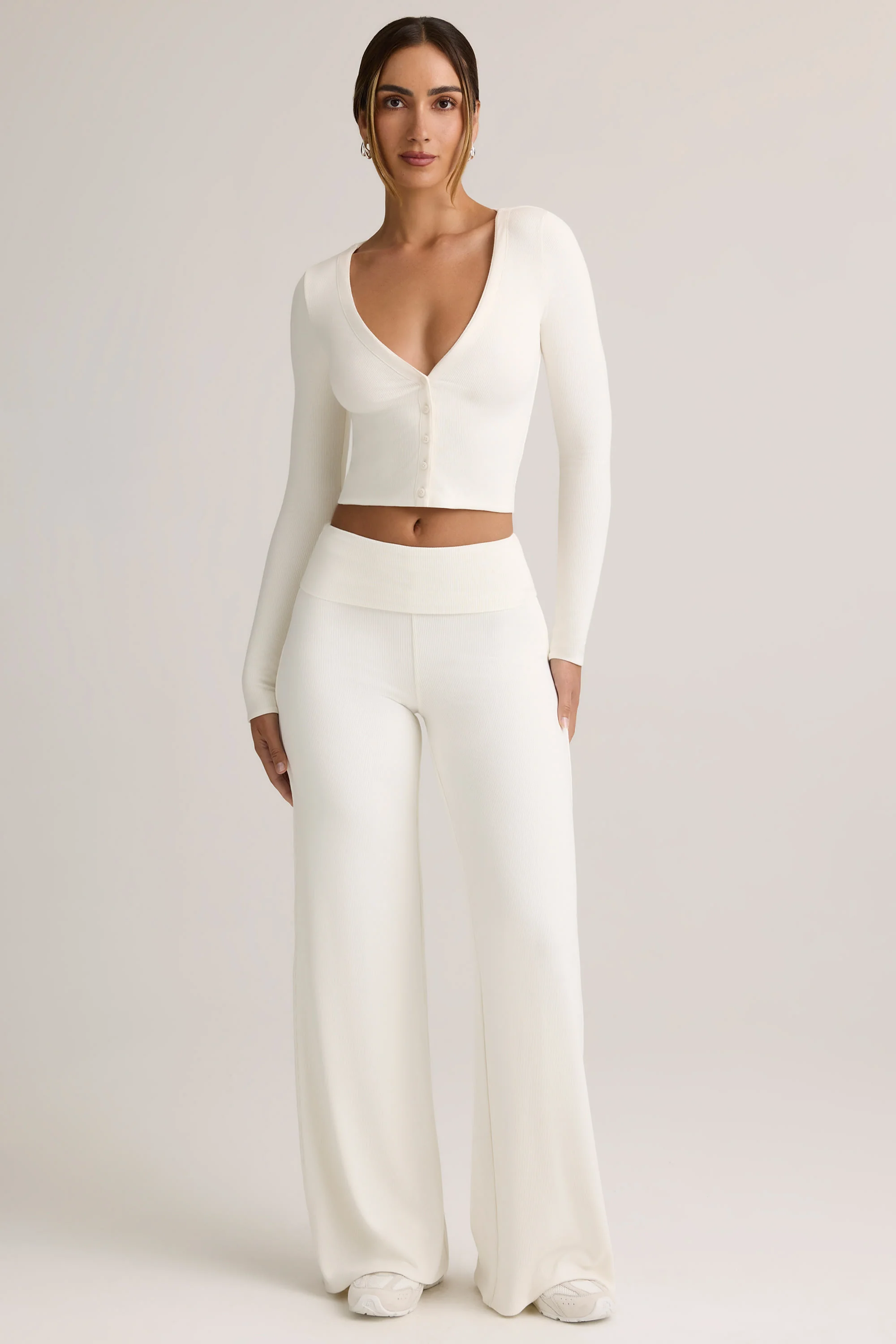 Modal Foldover Wide-Leg Trousers in White