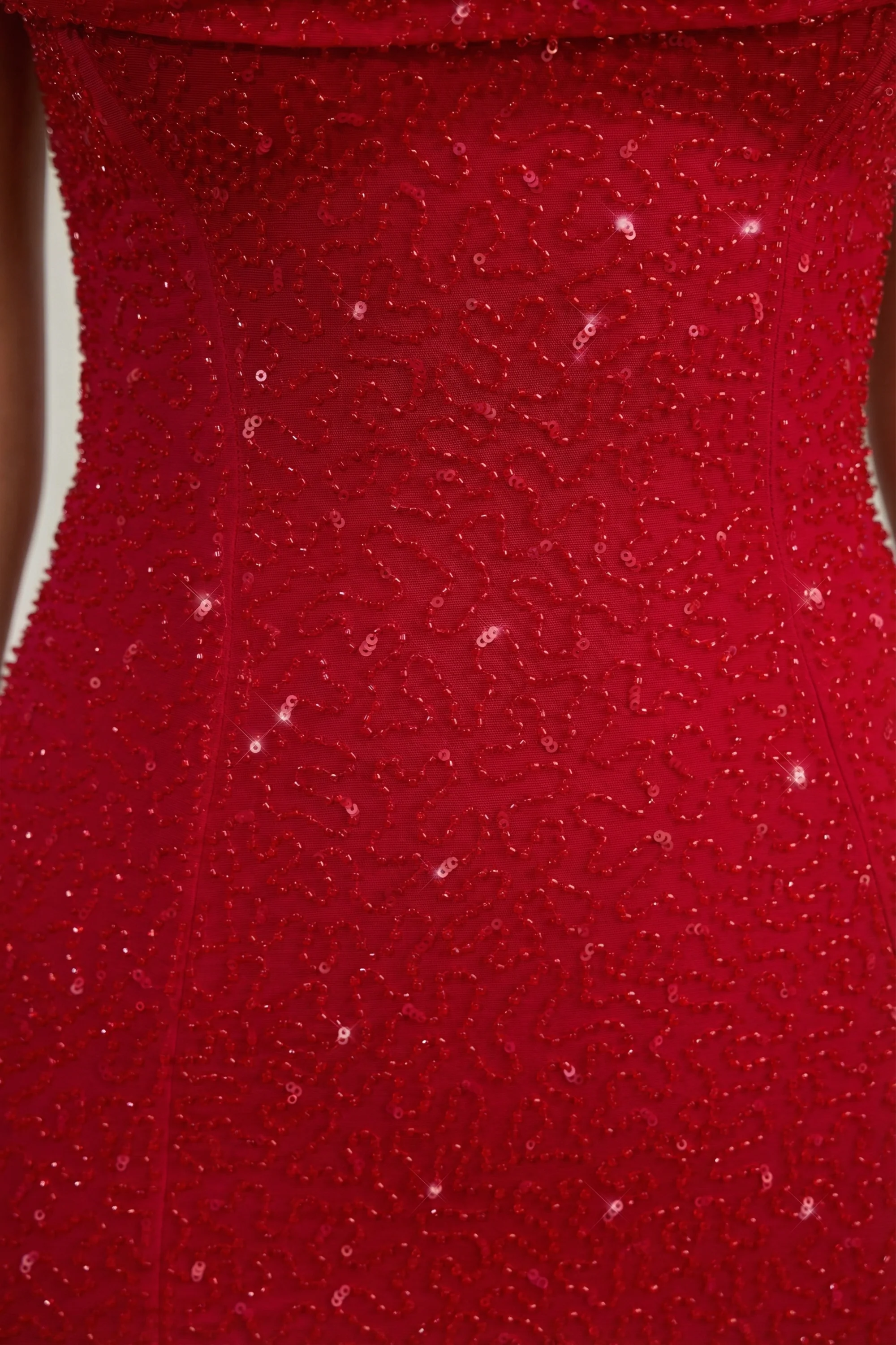 Embellished Strapless Cowl-Neck Mini Dress in True Red