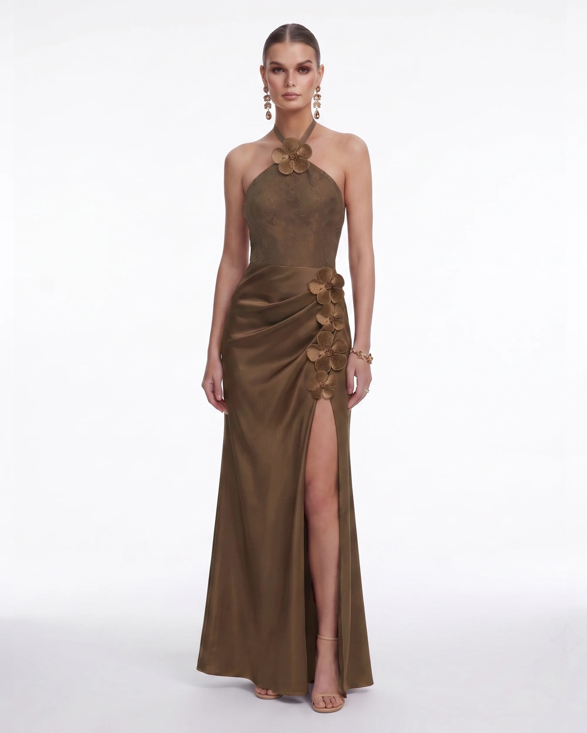 Floral Appliqué Halter Slit Satin Maxi Dress - Brown