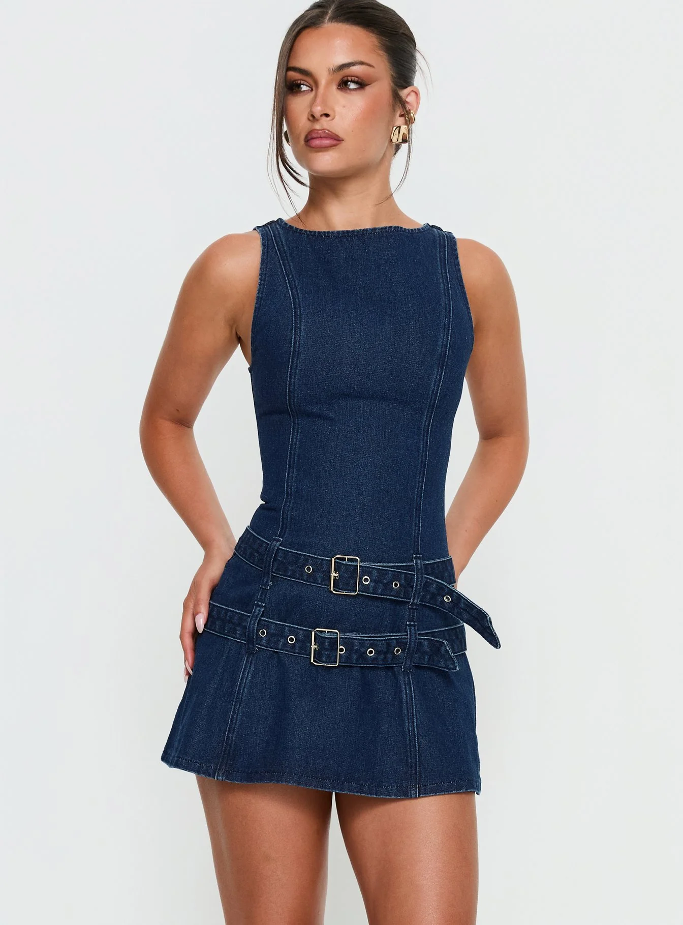 Kainer Denim Buckle Mini Dress Dark Blue Wash