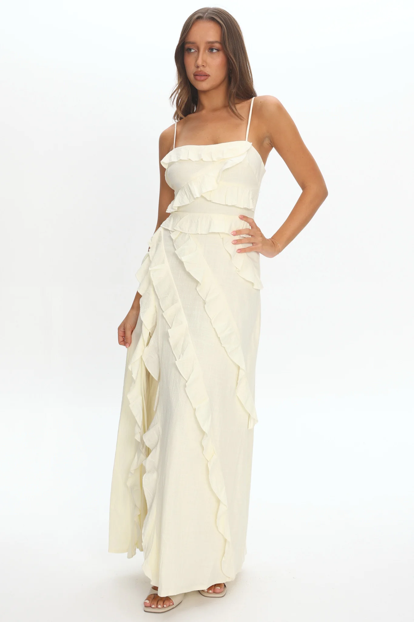 Arrabel Ruffle Split Maxi Dress Ivory