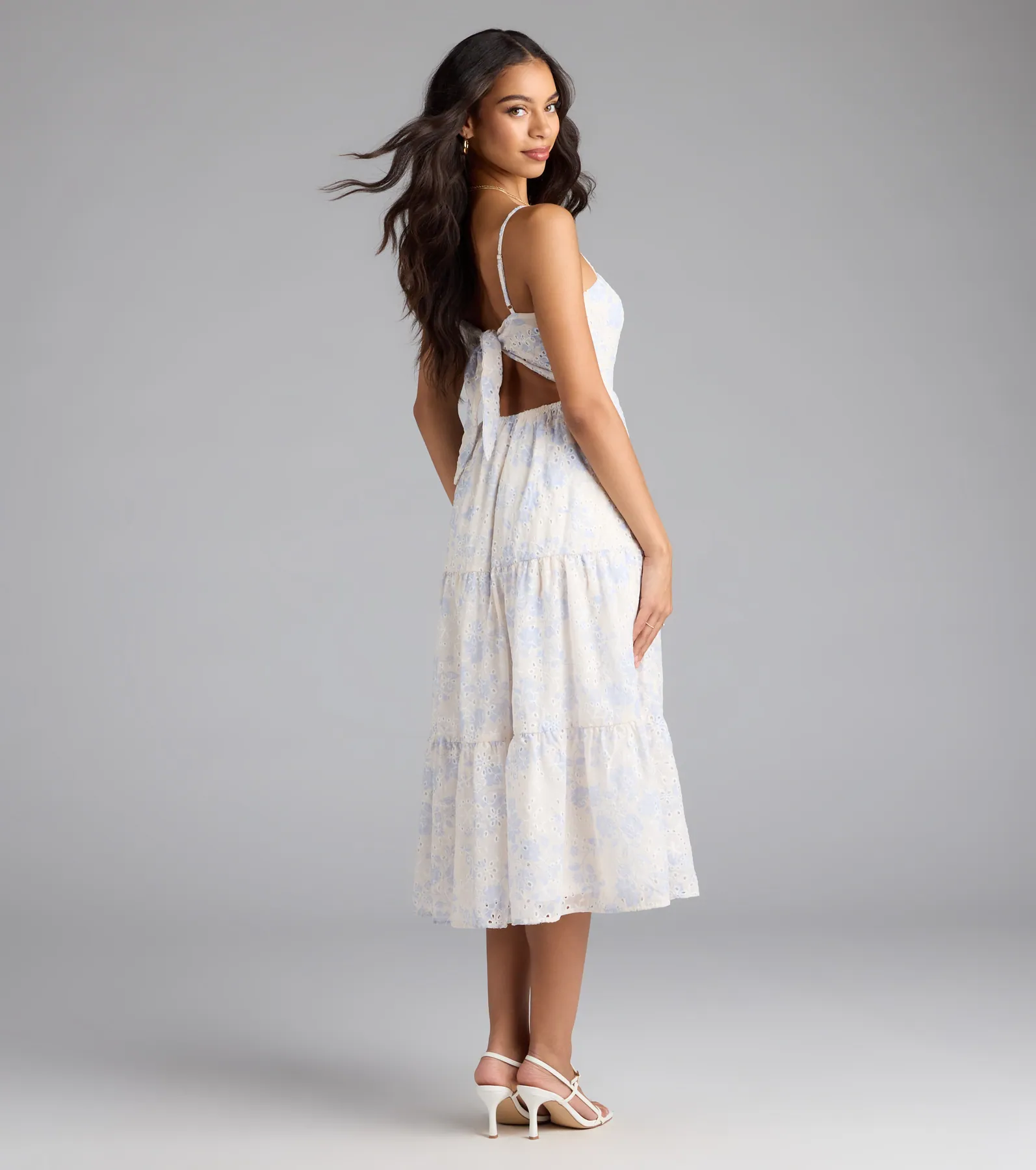 My Cute Side Tie-Back Floral Eyelet Midi Dress