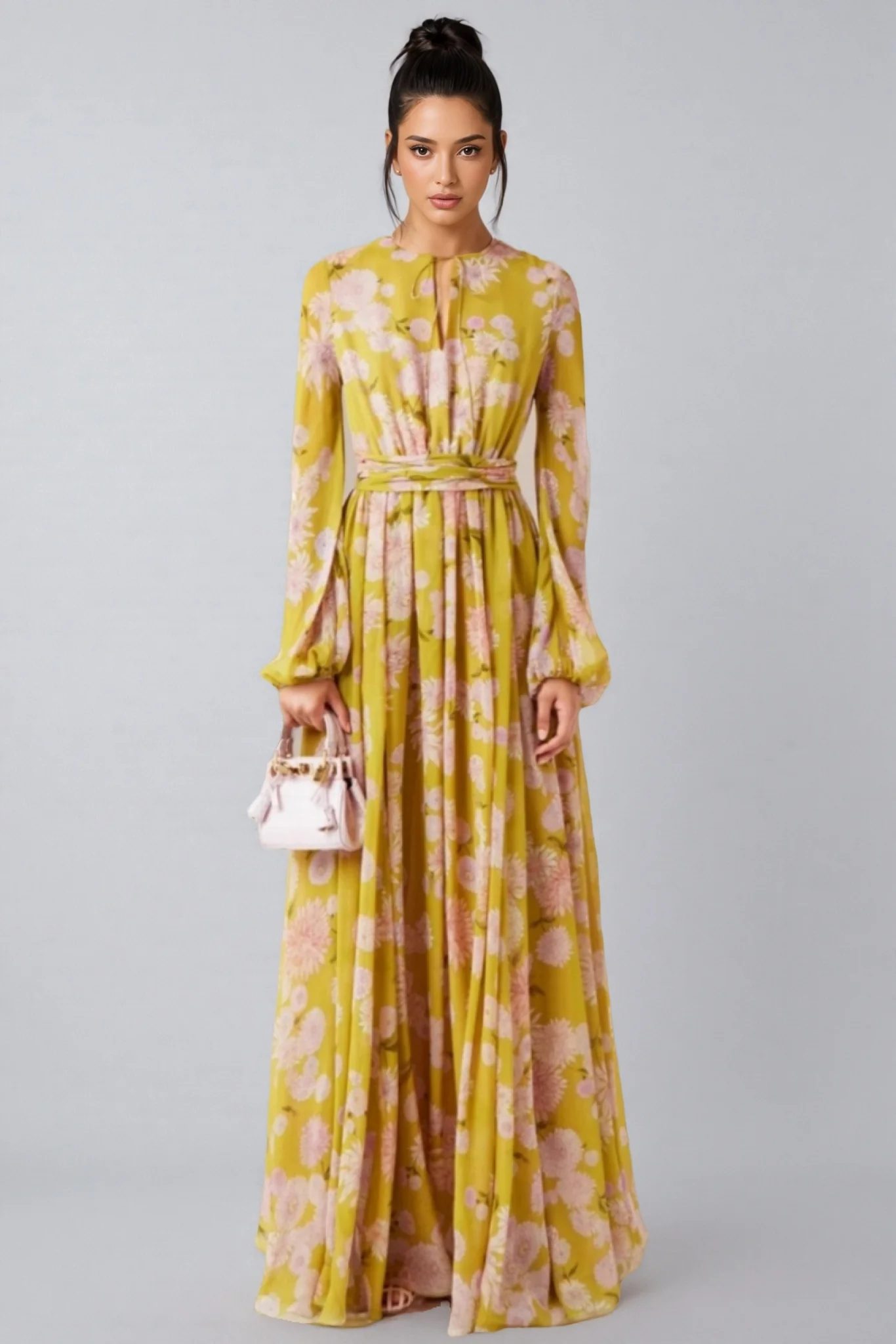 Giselle Floral Lace Up Puff Sleeve Maxi Dress