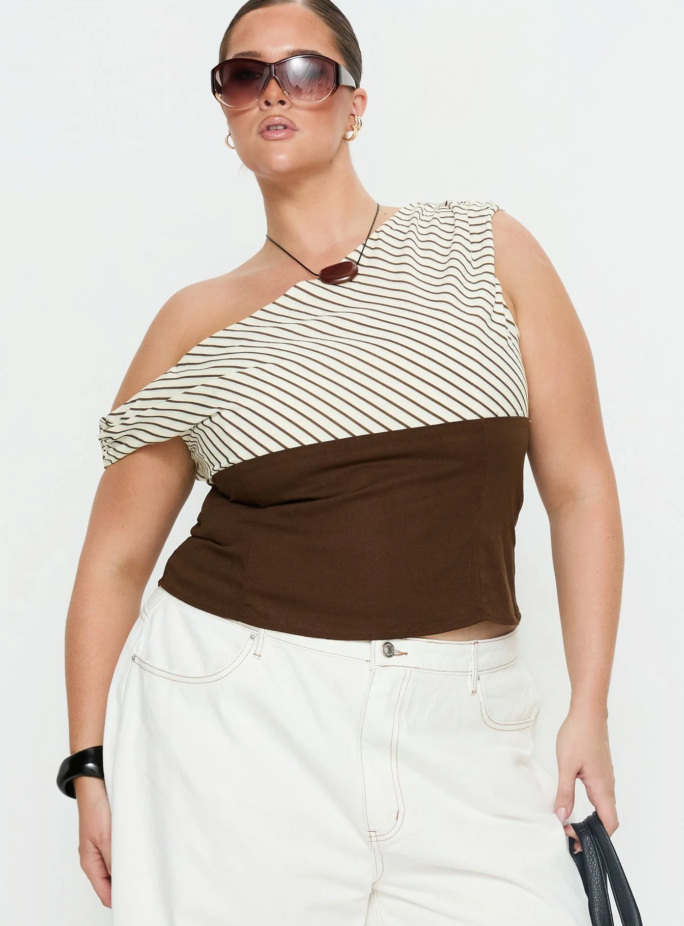 Past Life One Shoulder Top Brown / Stripe Curve