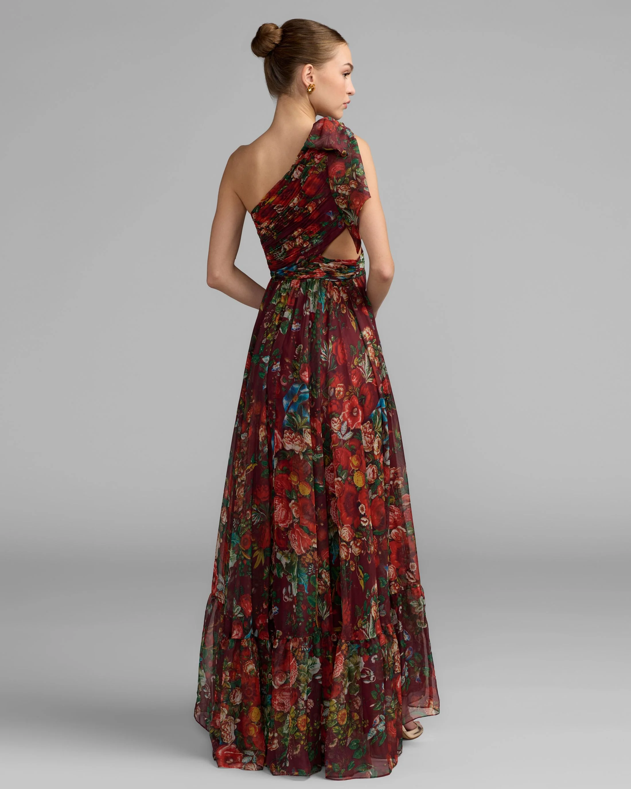Burgundy One Shoulder Floral Printed Chiffon Side Cut Out Gown - FASHION NOB