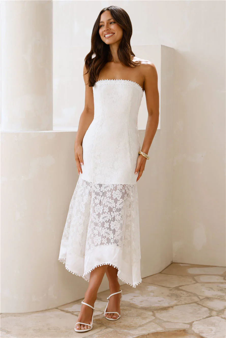 Luxe Petal Lace Strapless Maxi Dress White - luluinthesky