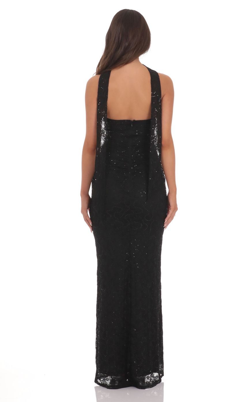 Sequin Scarf Lace Maxi Dress in Black