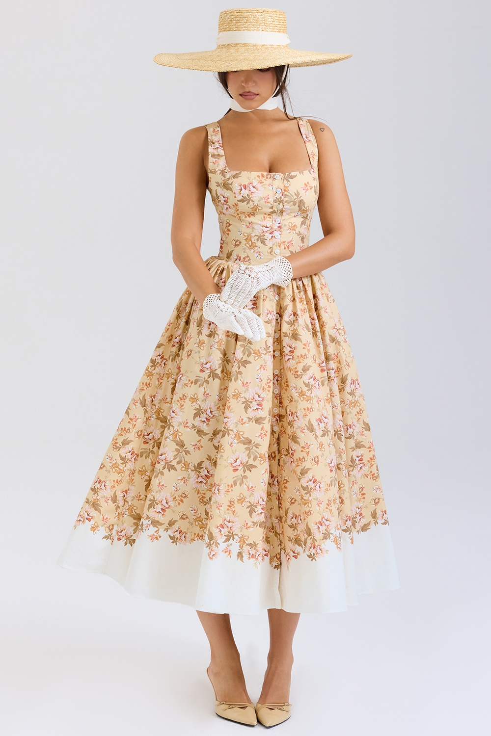 Honeyflower Print Gathered Cotton Midi Dress