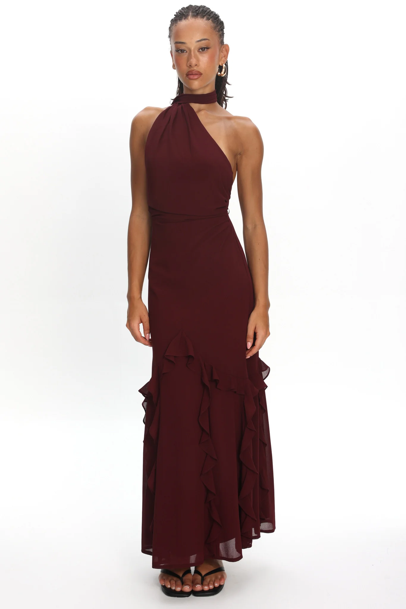 Lorielle One-Shoulder Ruffle Trim Maxi Dress Wine