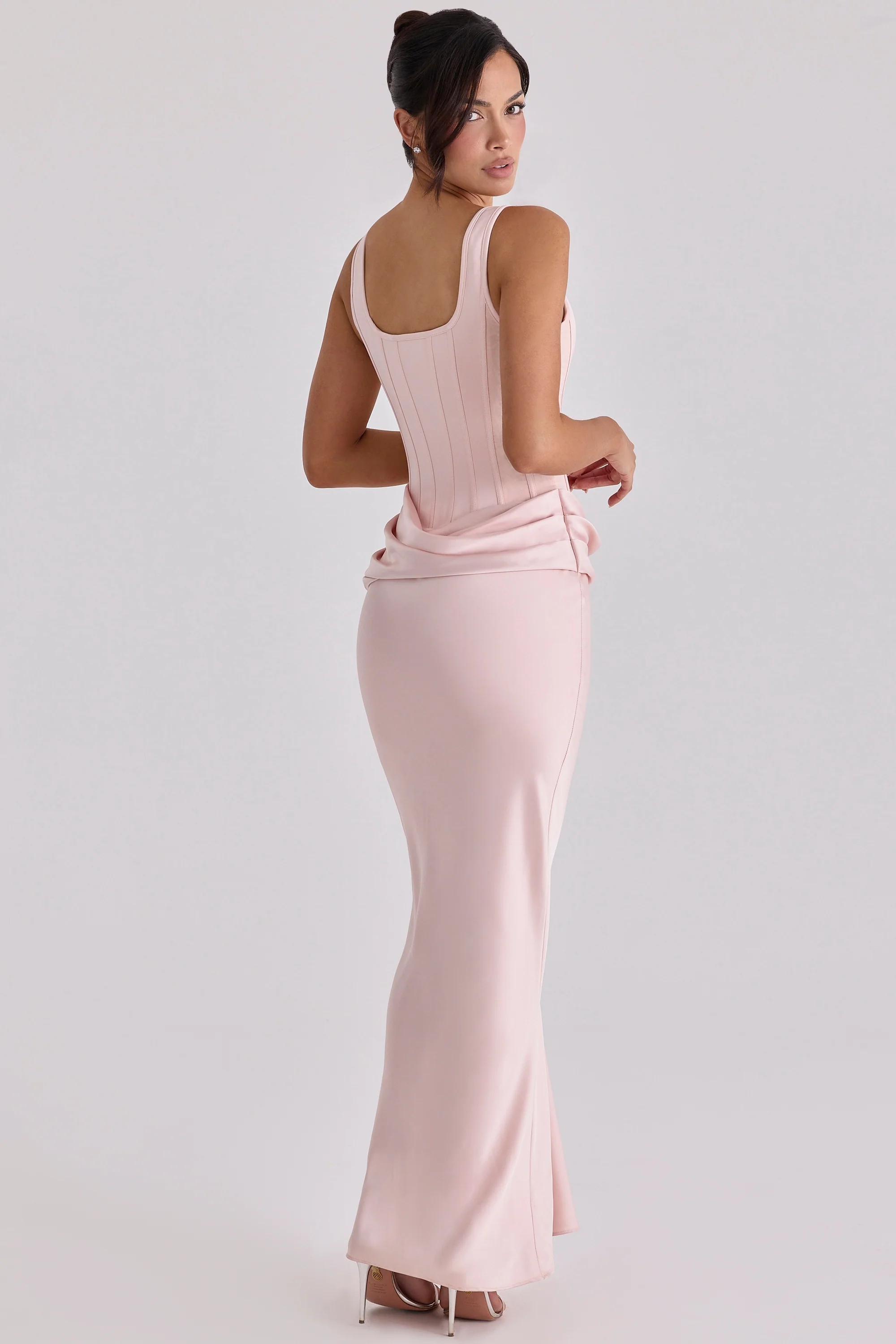 Blush Pink Satin Gathered Maxi Dress