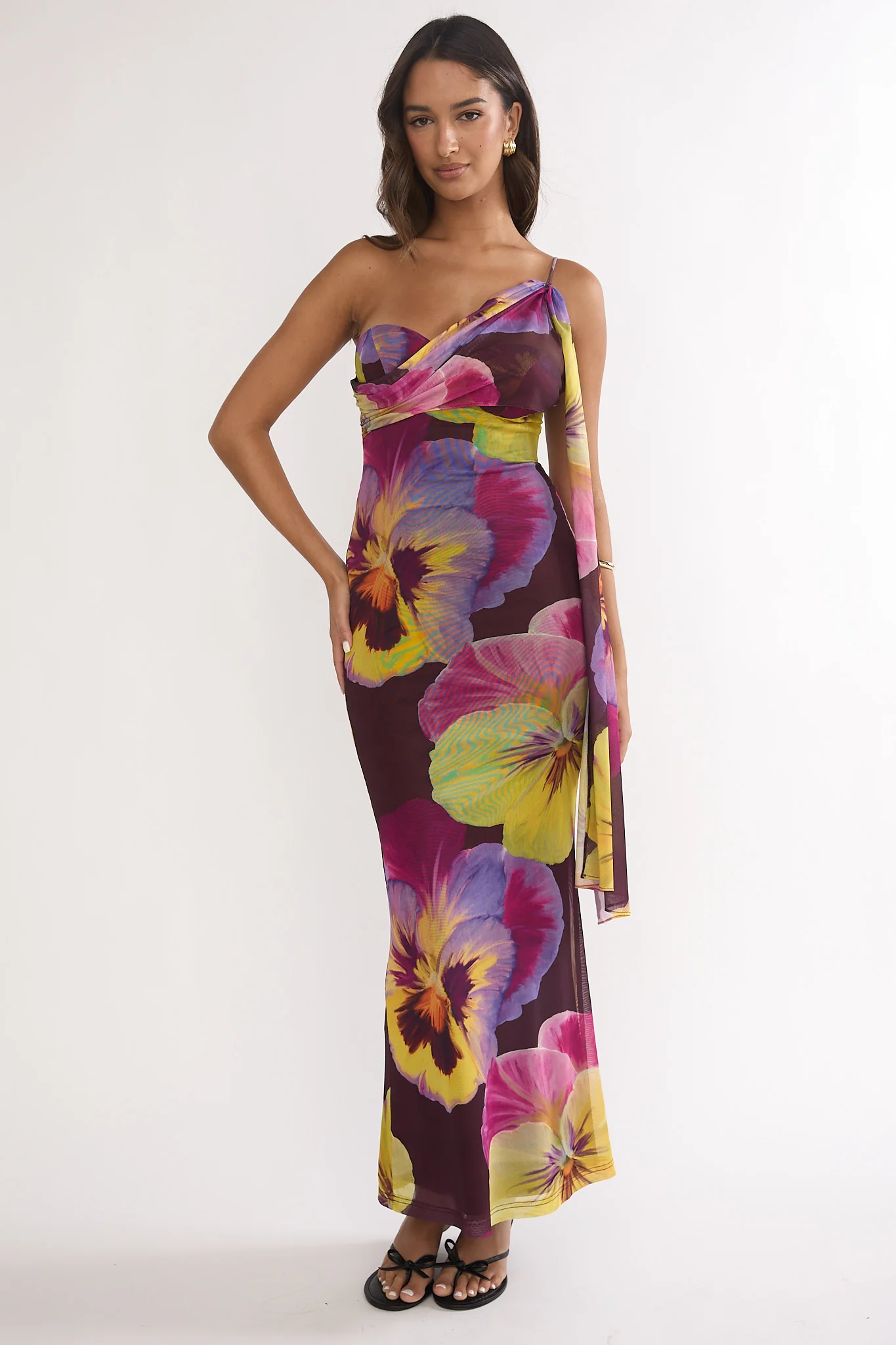 Tallis One-Shoulder Asymmetric Neckline Dress Brown