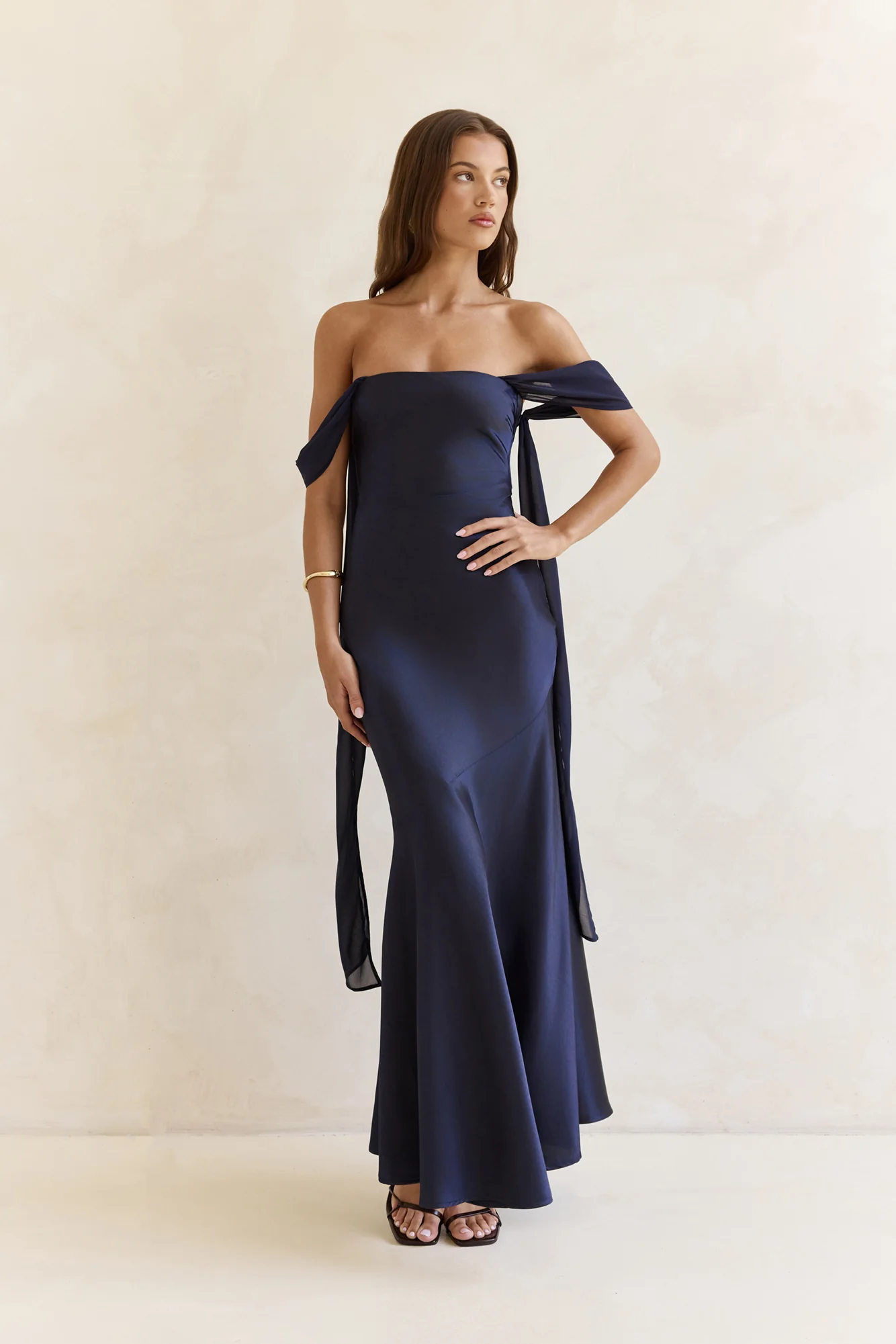 Late Night Dreams Off Shoulder Satin Maxi Dress Navy - luluinthesky