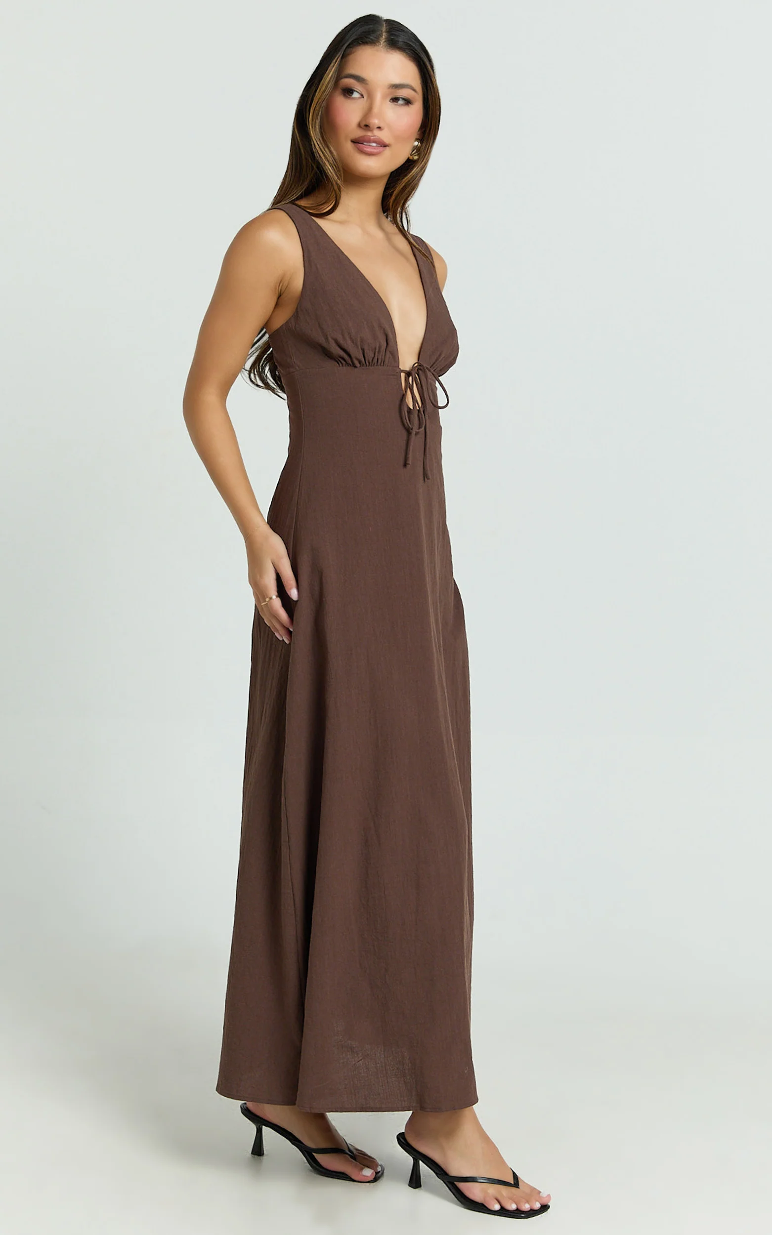 Silvena Midi Dress - Plunge Neckline Tie Front A Line Dress in Chocolate