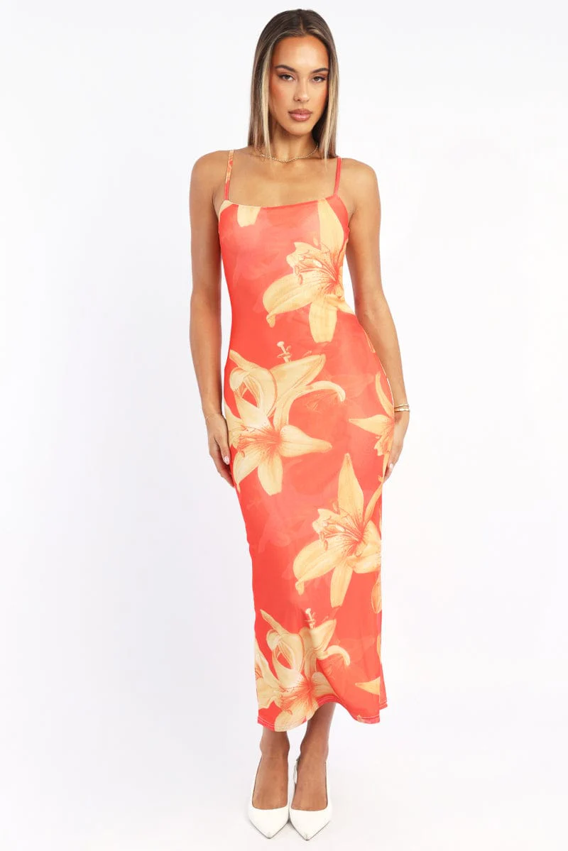 Orange Floral Bodycon Dress Maxi Mesh