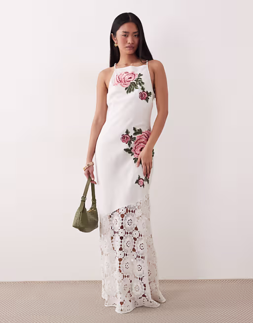 racer neck embroidered detailing crochet hem maxi dress in white