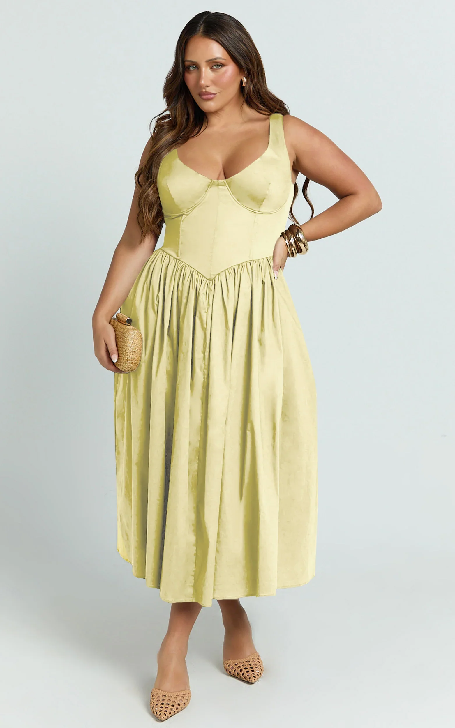 Beckett Midi Dress - Scoop Neck Drop V Waist Gathered Skirt Dress in Butter Yellow