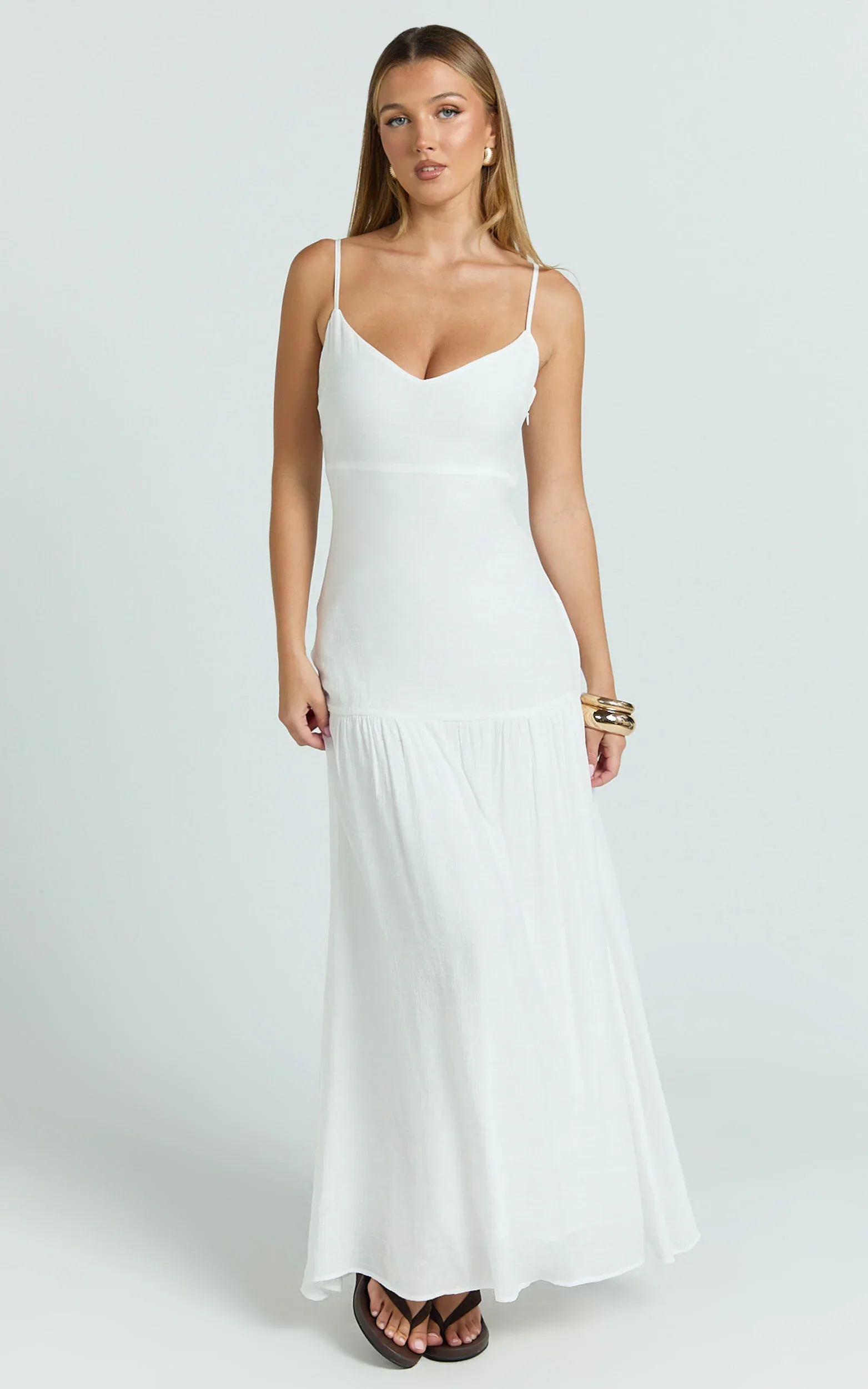 Collins Maxi Dress - V Neck Dropped Waist Gathered Maxi Dress in Off White