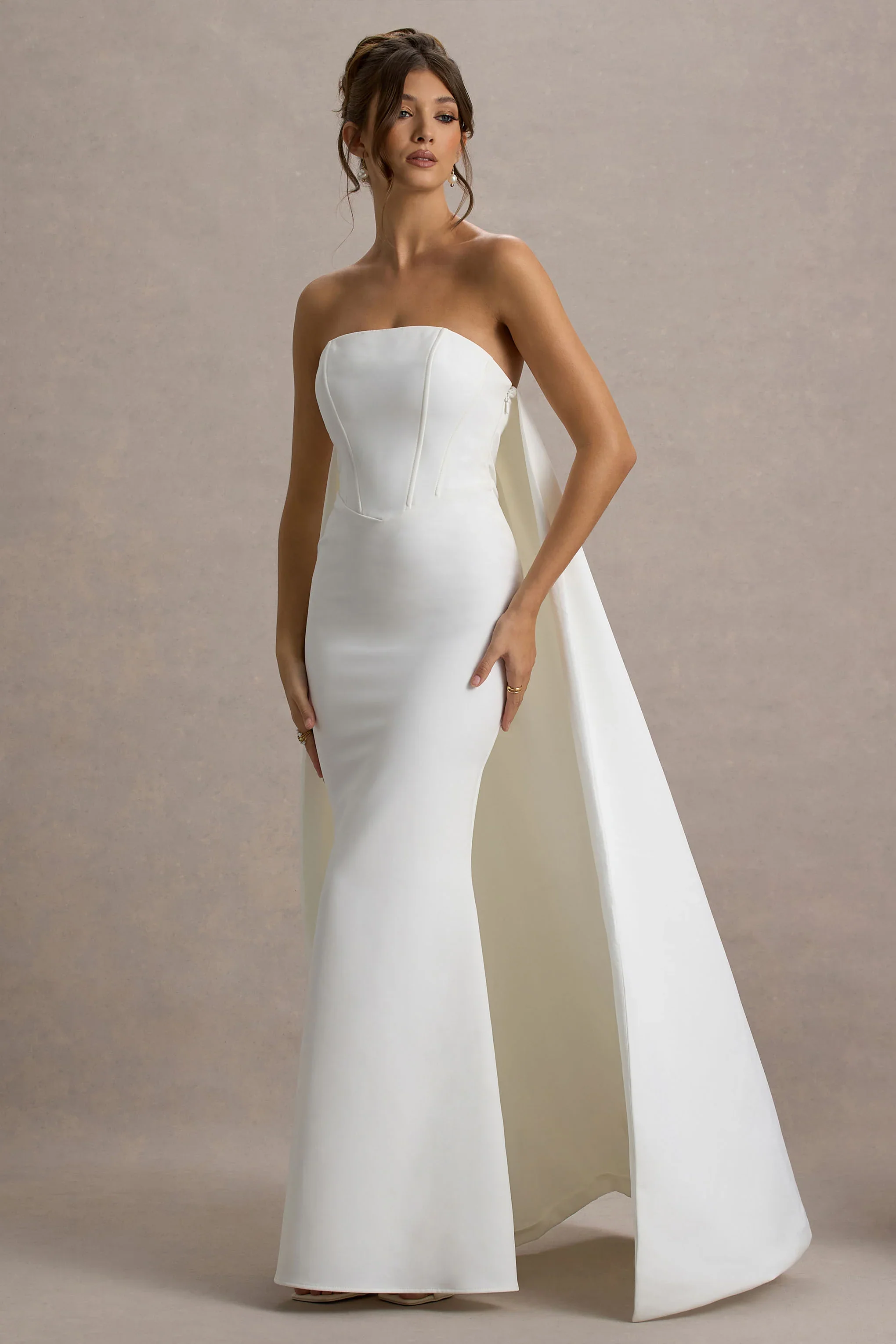 She's Trouble | White Bandeau Maxi Dress With Cape