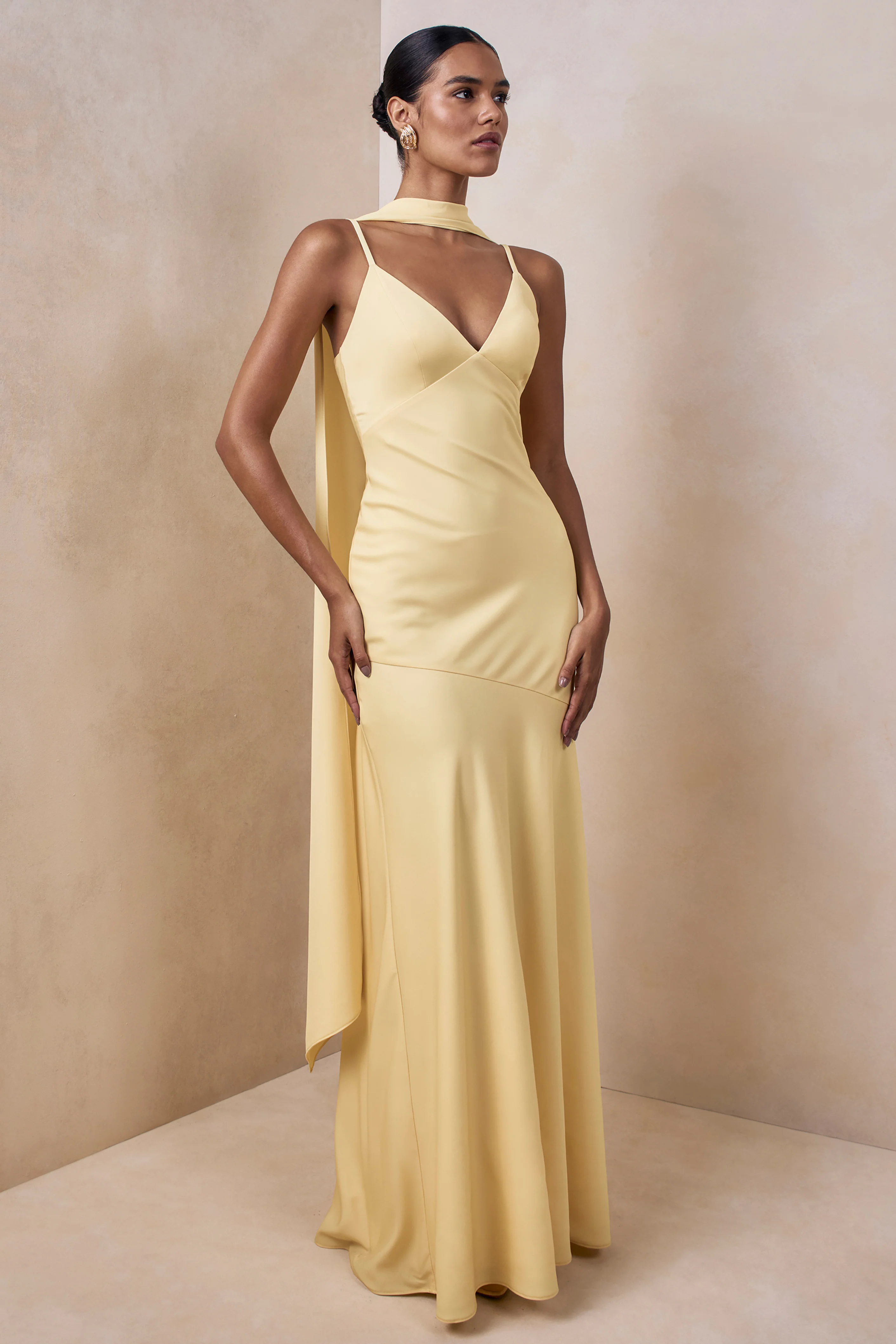 Starling | Lemon Matte Satin Plunge-Neck Maxi Dress With Scarf-Detail