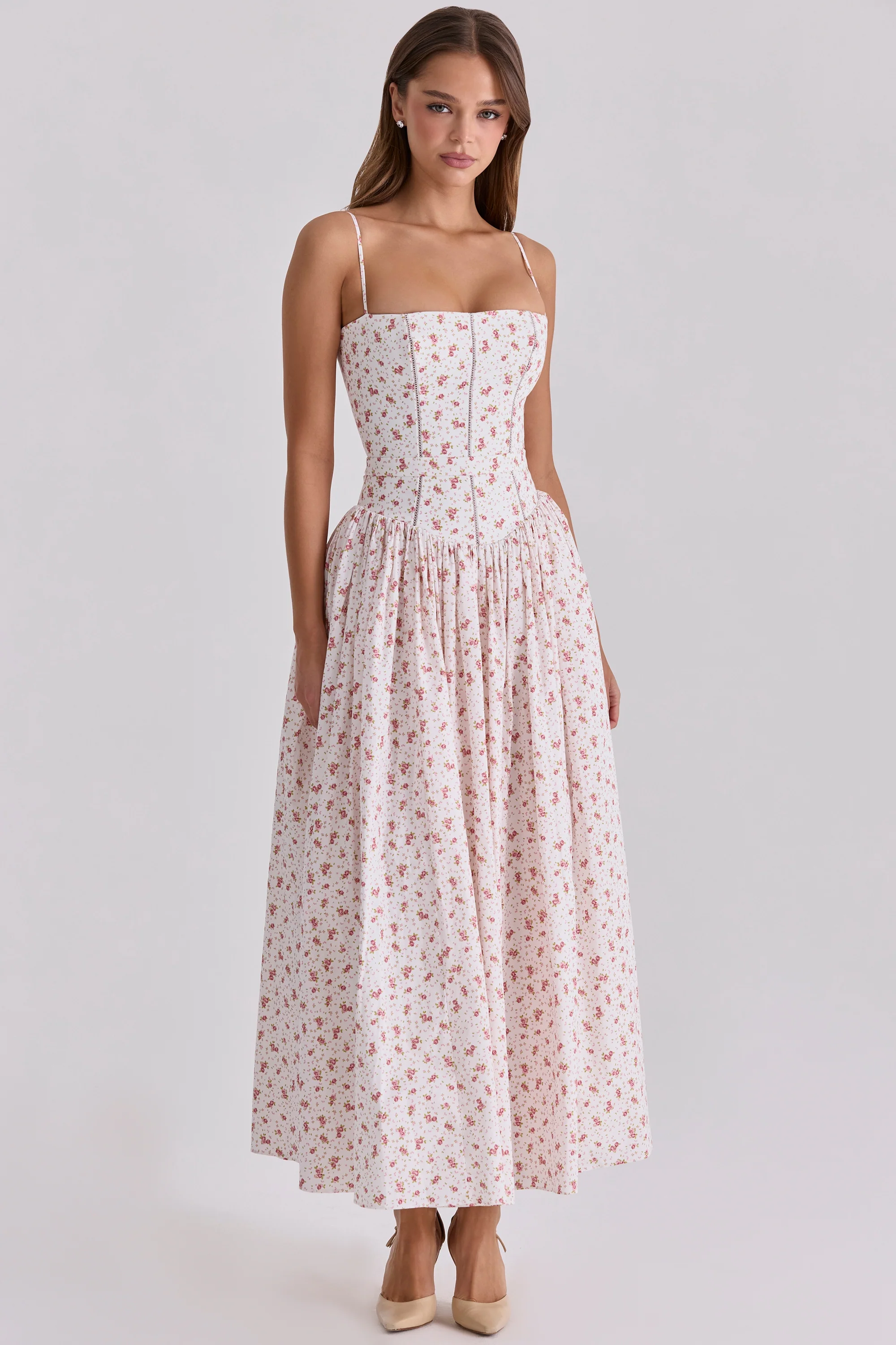 White Rose Print Cotton Midi Sundress