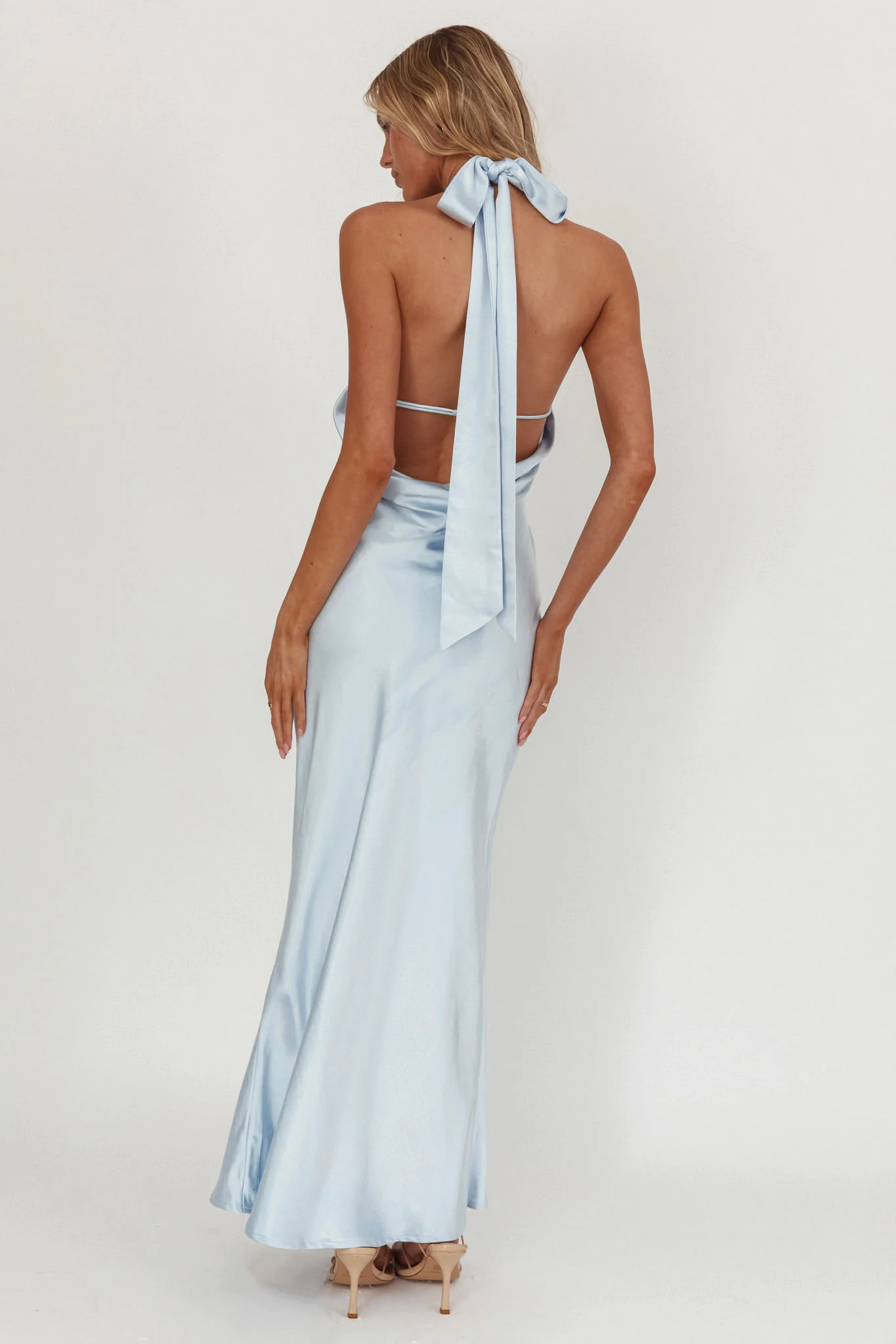 Italia Azure Crossover Halterneck Maxi Dress Ice Blue