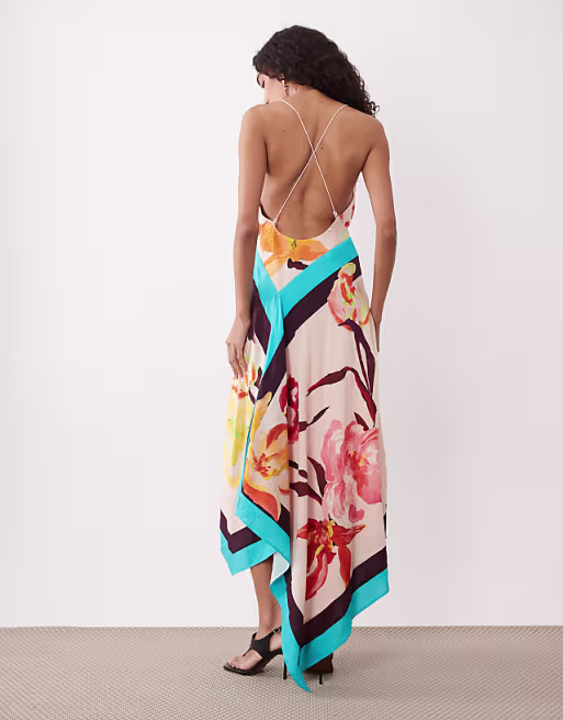 Tall deep cowl asymmetric open back maxi dress in scarf print