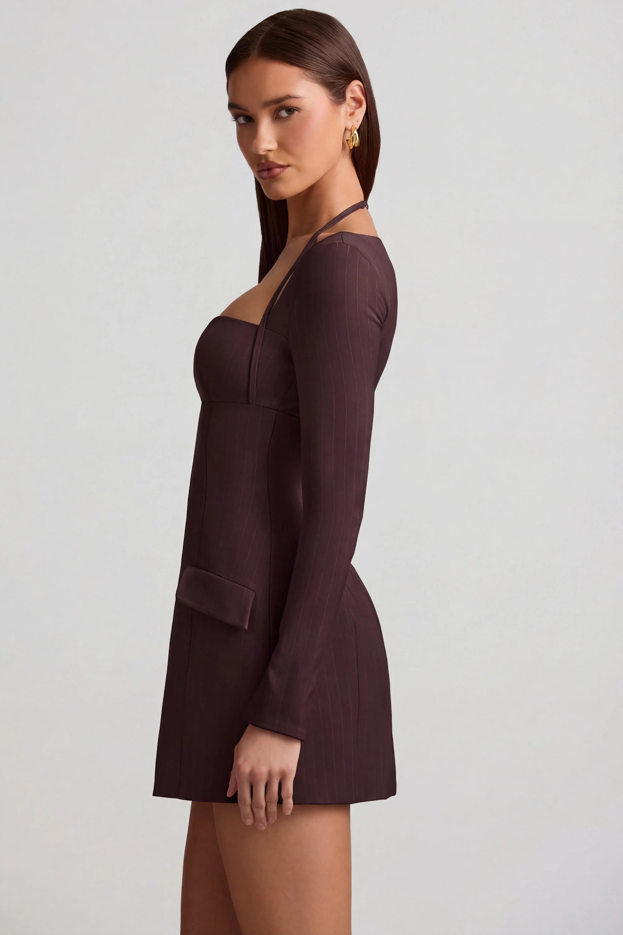 Pinstripe Structured A-Line Mini Dress in Chocolate Brown