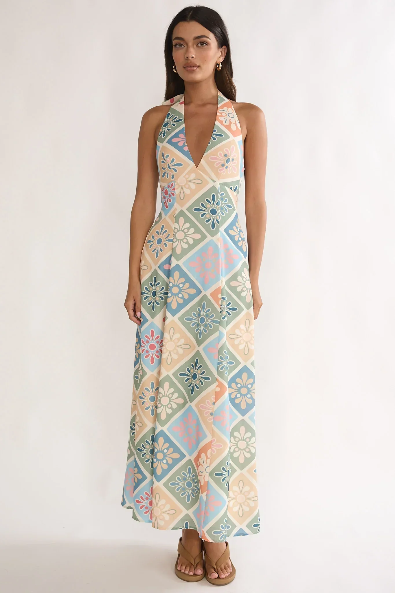 Nolara A-Line Halterneck Maxi Dress Green Multi
