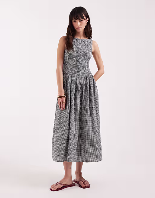 JJXX seersucker plaid midi dress in black
