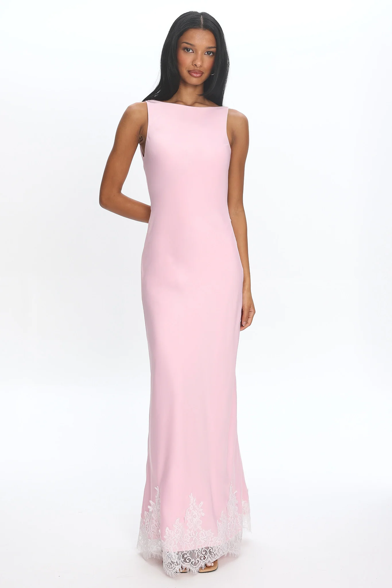 Bedouin Cowl-Back Lace-Hem Gown Light Pink