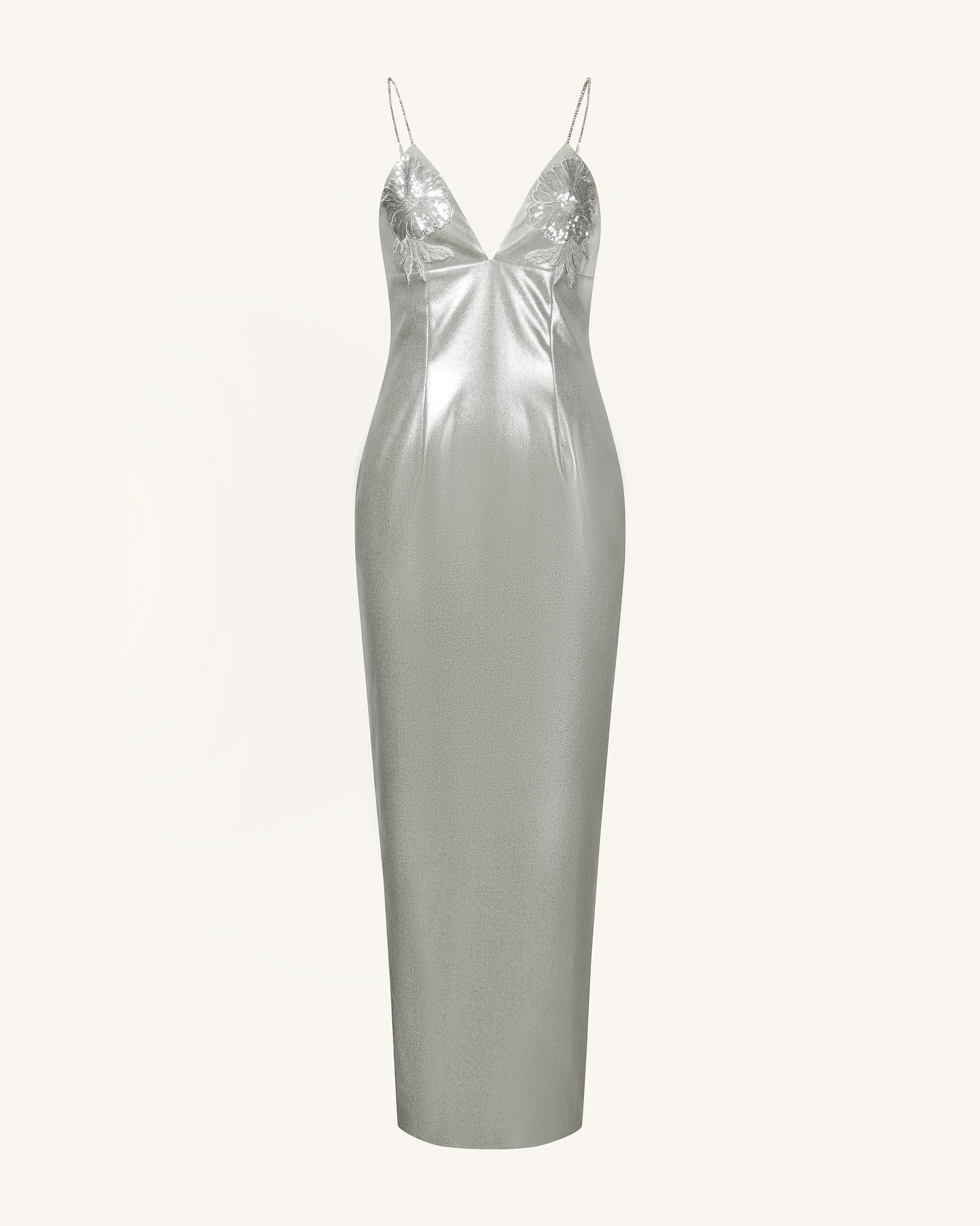Ayliua Sweetheart-Neckline Rhinestones Embellished Silver Long Dress - Silver - FASHION NOB
