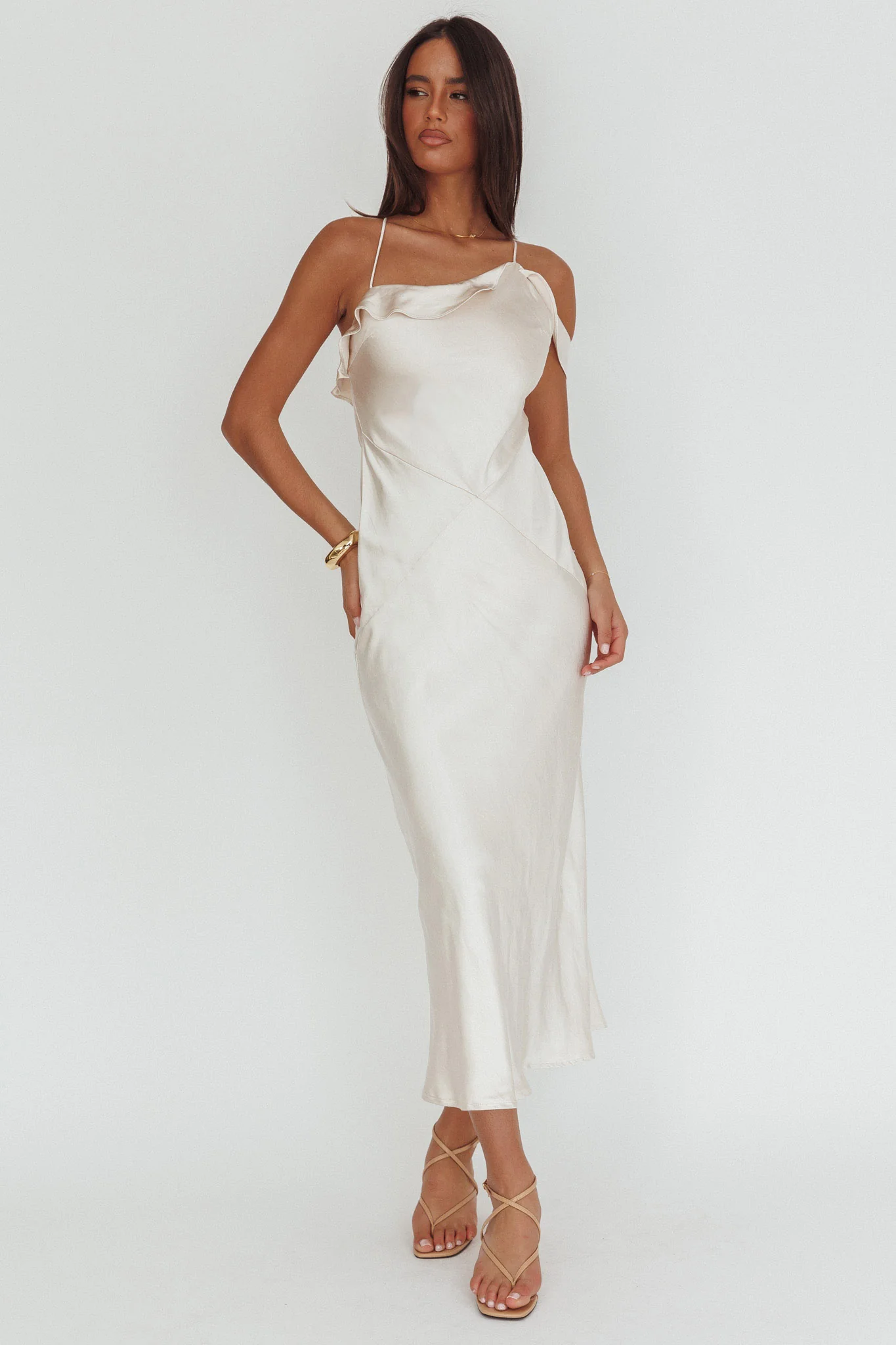 Lexington Draped Shoulder Criss-Cross Back Maxi Dress Oyster - luluinthesky
