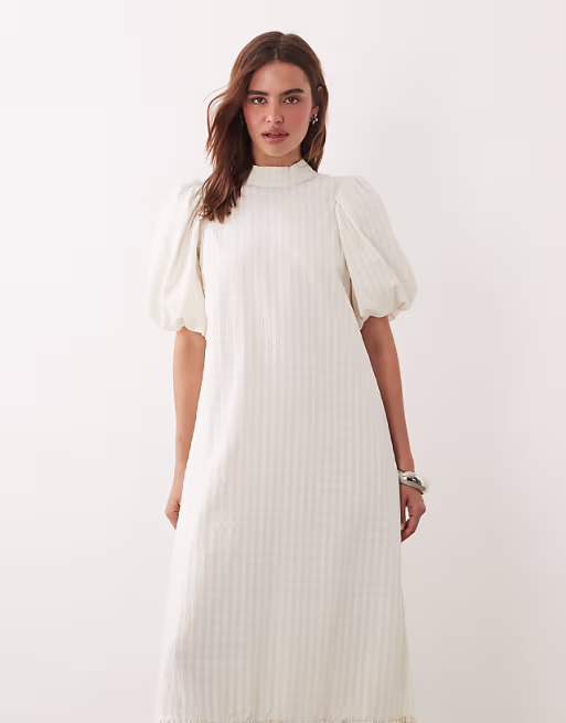 Ghospell high neck puff sleeve peplum hem midi dress in natural stripe