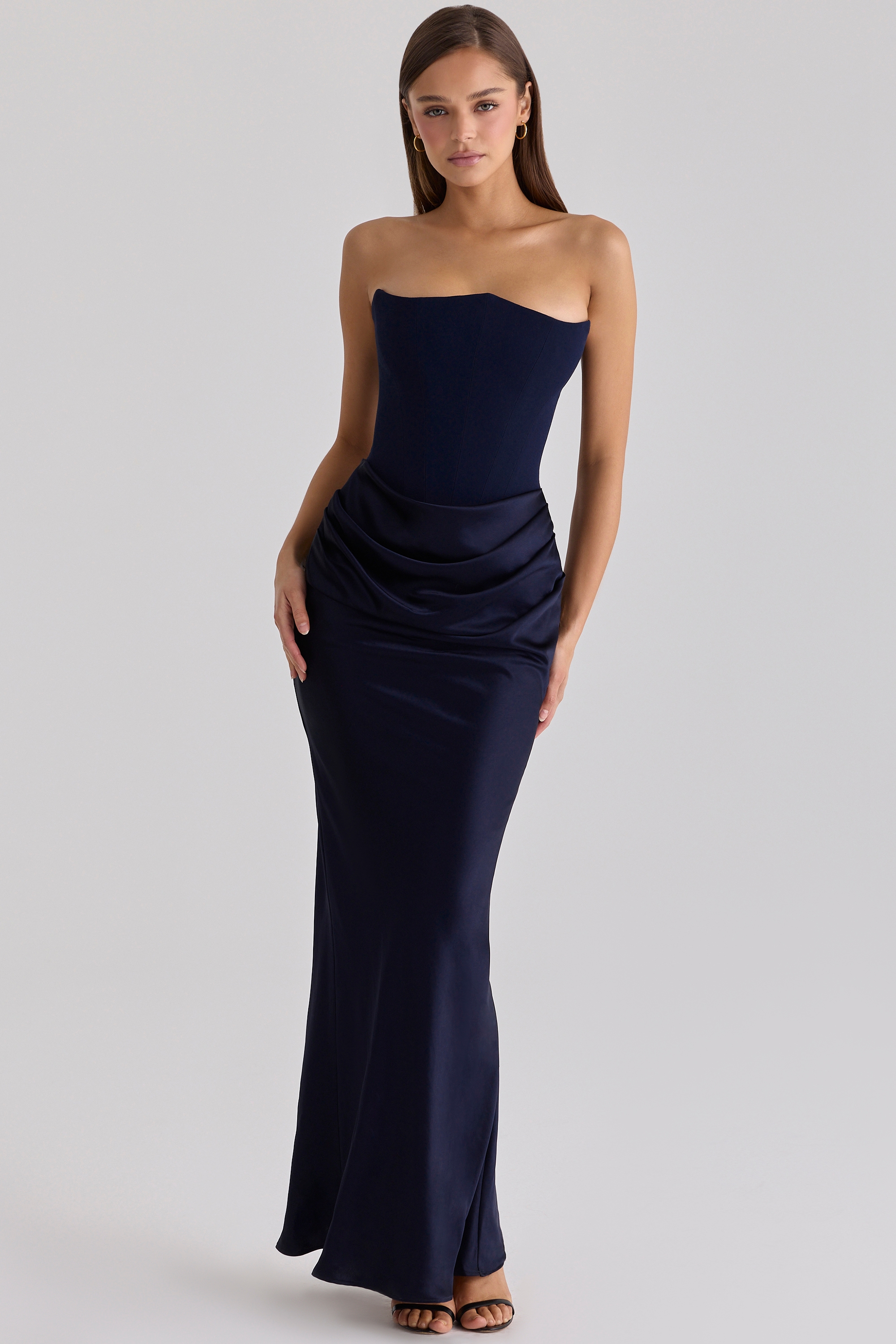 navy satin + crepe strapless corset maxi dress